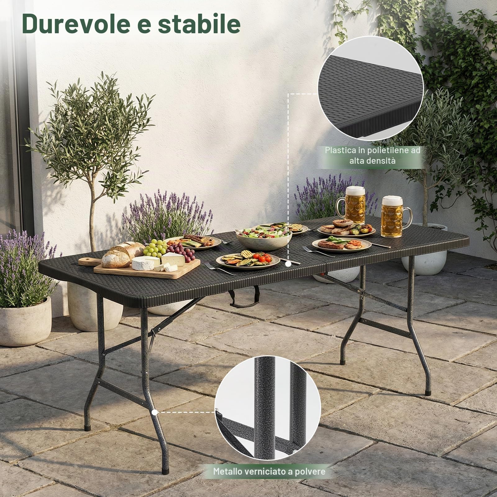 Sekey Tavolo da buffet pieghevole in plastica, 180 x 74 x 74 cm, effetto rattan, con maniglia, per giardino, terrazza e balcone, tavolo da campeggio per 6 persone (nero)