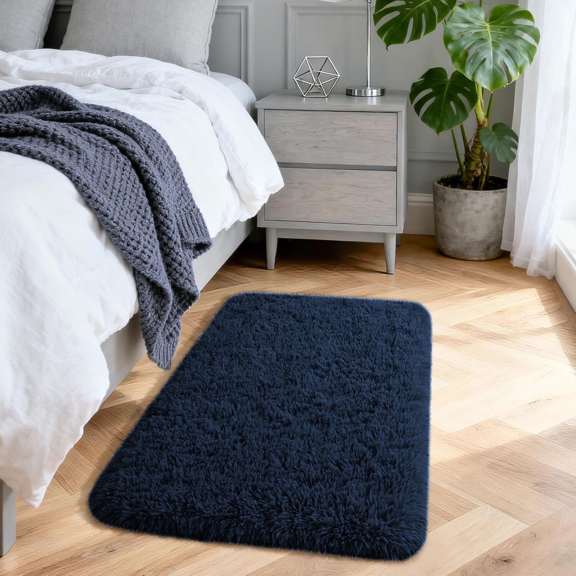 Aspire Homeware Fluffy Shaggy Small Rugs Living Room, 450 GSM Thick Soft Pile Non Slip Carpet, Machine Washable Bedside Rug for Bedroom, Hallway, Kids Nursery Room, Non-Shedding, Navy Blue, 50x80 cm โ image 1