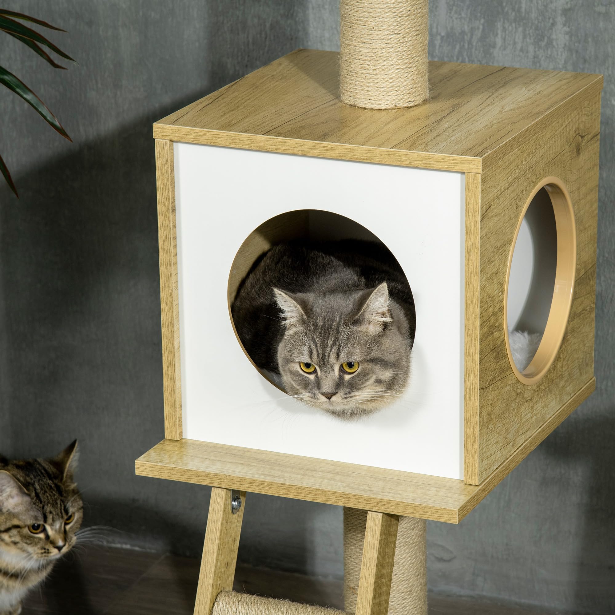 PawHut Set 2 Pezzi Albero per Gatti Altezza Regolabile 40x40x225-285 cm | in Truciolato, Tiragraffi per Gatti, Casetta, Amaca, Pallina da Gioco