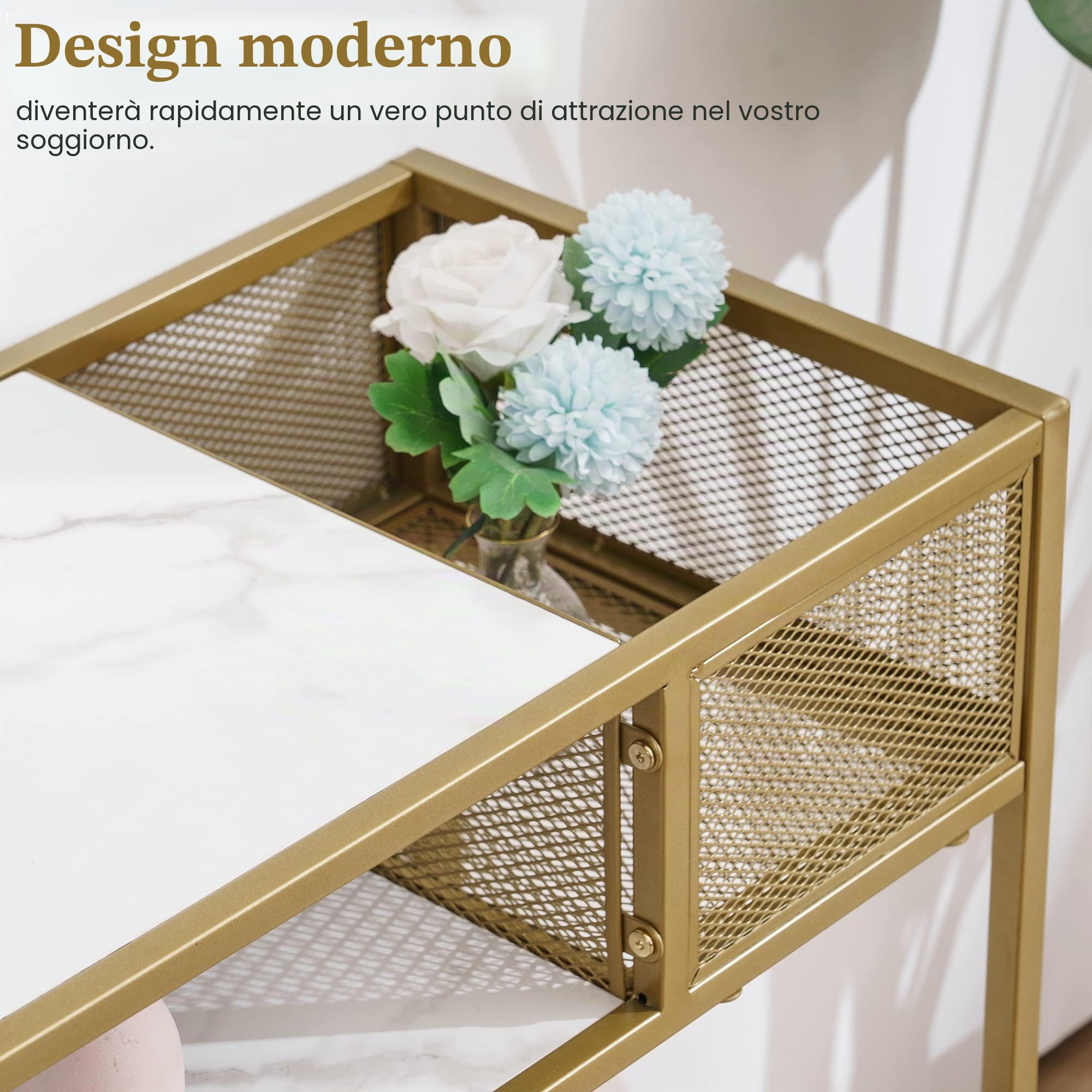 M MCombo Tavolo consolle sottile marmo oro, moderno tavolino con 2 ripiani e struttura in metallo, ingresso per corridoio, soggiorno, camera da letto, 110 x 40 x 90 cm, 2276