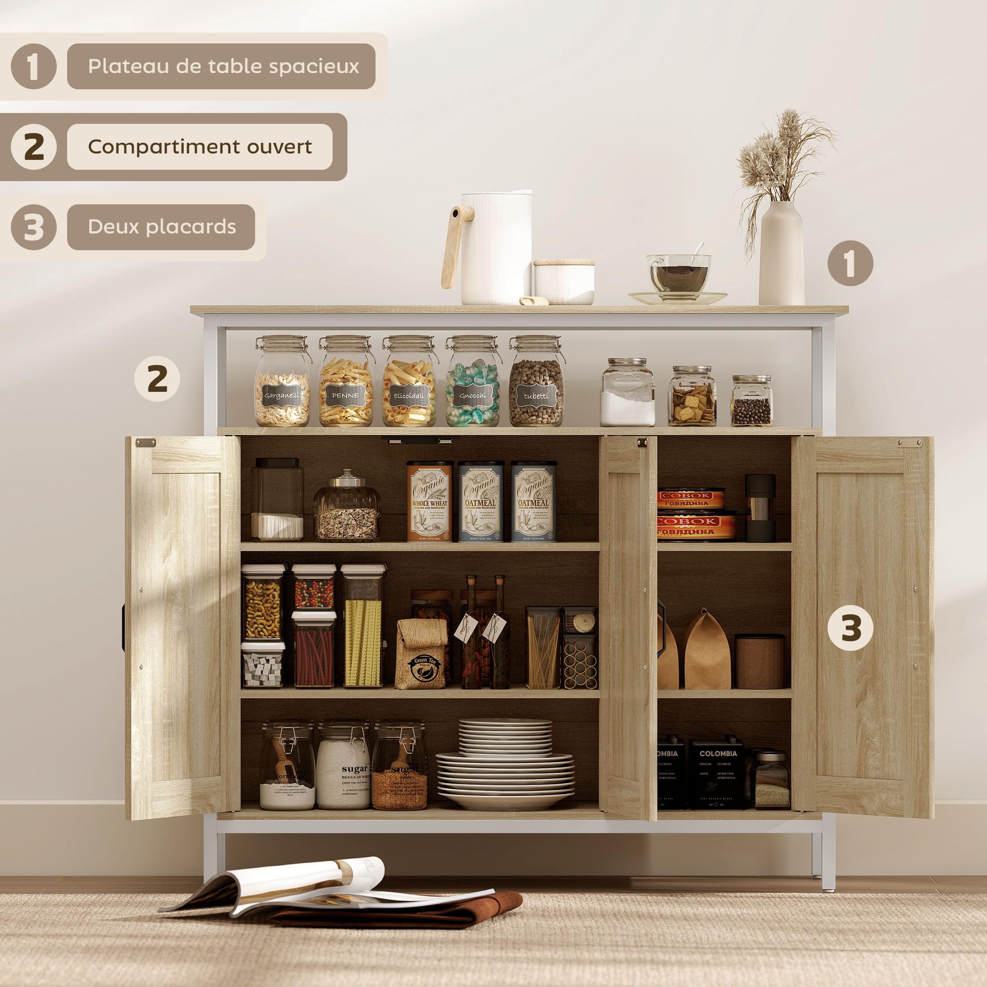 HOMCOM Buffet 3 Portes, Compartiment Ouvert, 100 x 35 x 88 cm, Bois Naturel | Meuble de Rangement, 4 Étagères Réglables, Cadre en Métal, Style Industriel, Salle à Manger, Cuisine, Salon