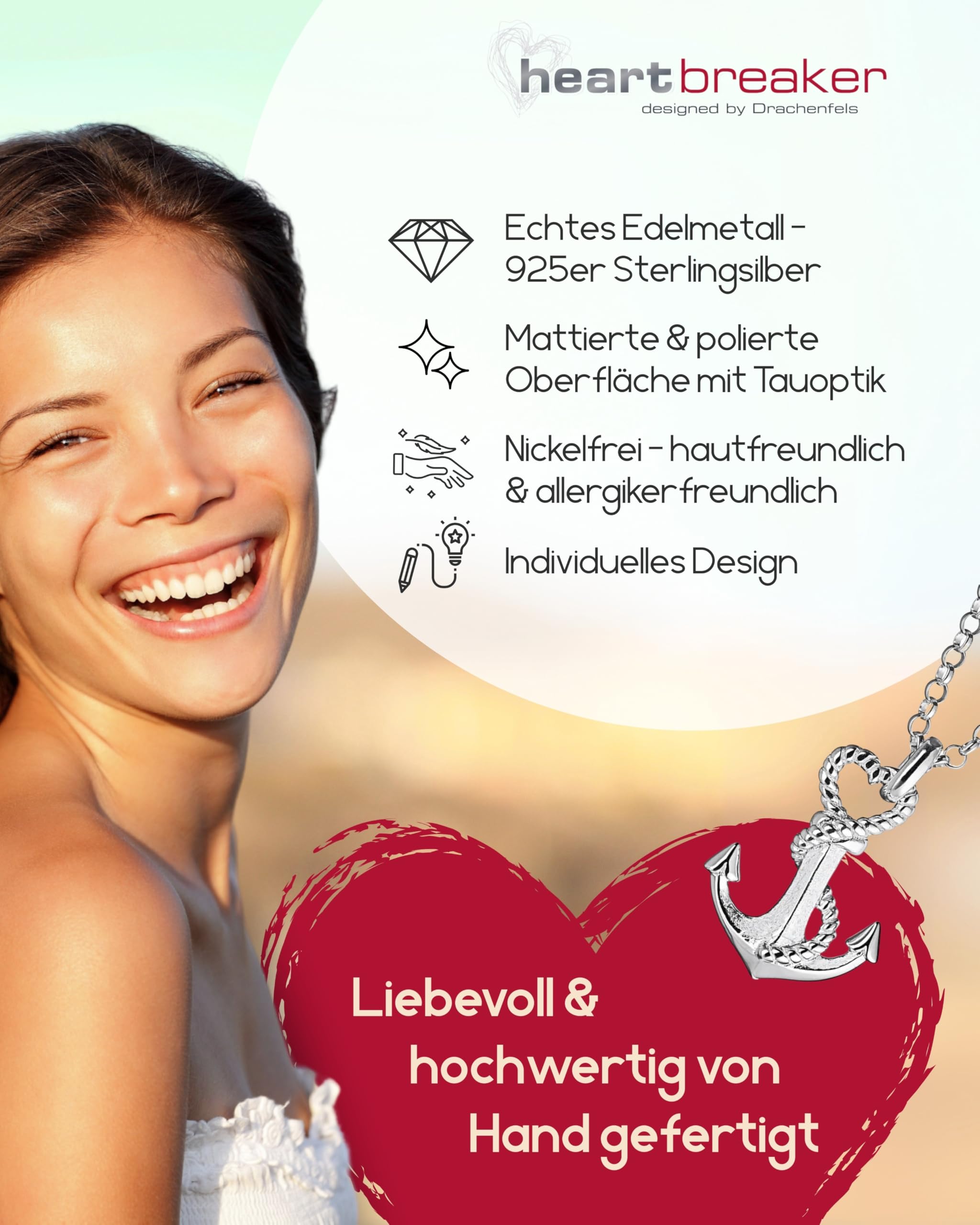 Heartbreaker "Seaside Anker-Anhänger I Edler Anhänger aus 925 Sterling Silber I Nickelfreier Kettenanhänger in Goldschmiedequalität I Hochwertiger Charm für Damen I LD SD 34