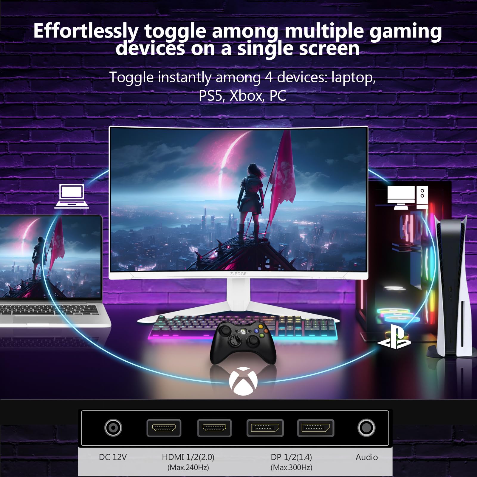 Z-Edge Biały Zakrzywiony Ekran do komputera gamingowego 27'' 280 Hz (DP), 240 Hz (HDMI), 1ms, FHD, FreeSync, Biały Monitor Gaming 16:9, Regulowane pochylenie, 2×HDMI2.0 & 2×DP1.2(Łącze HDMI dołączone)