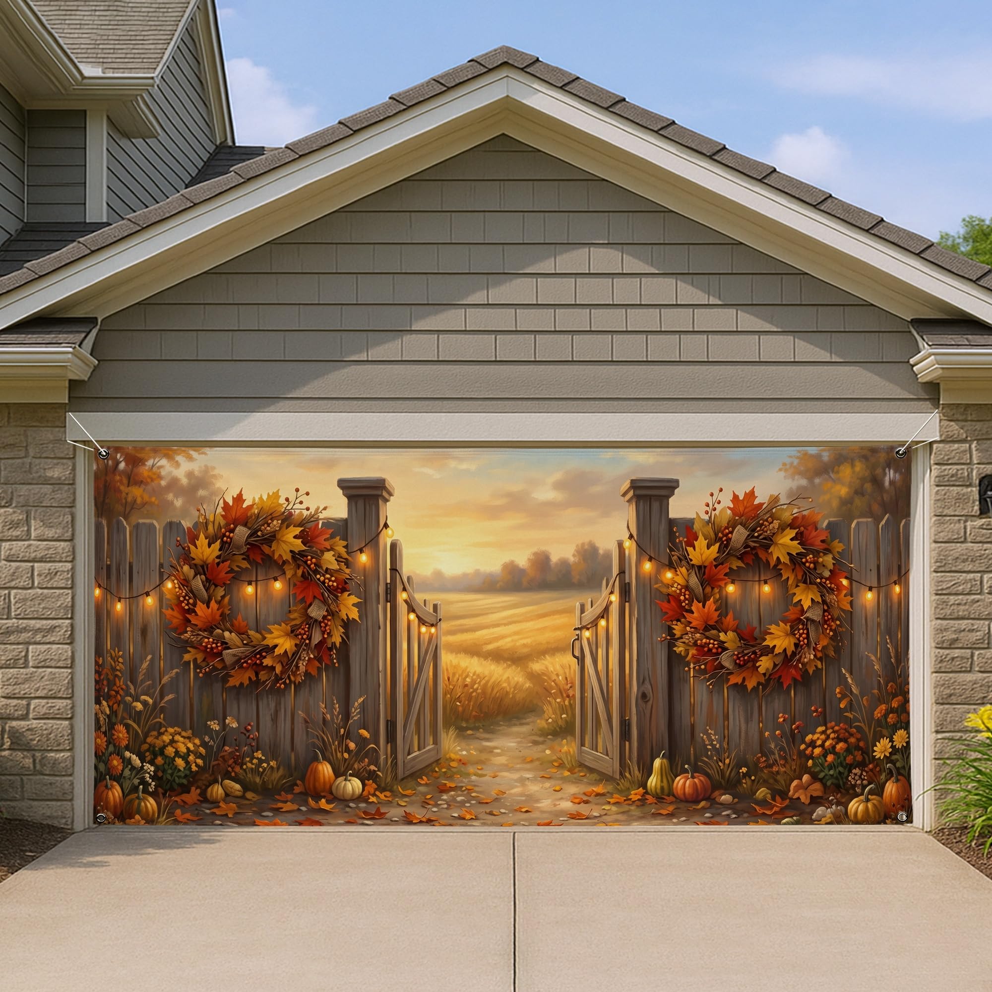 Couronne de porte de garage grand format 400x180 décor citrouilles rustiques orange automne