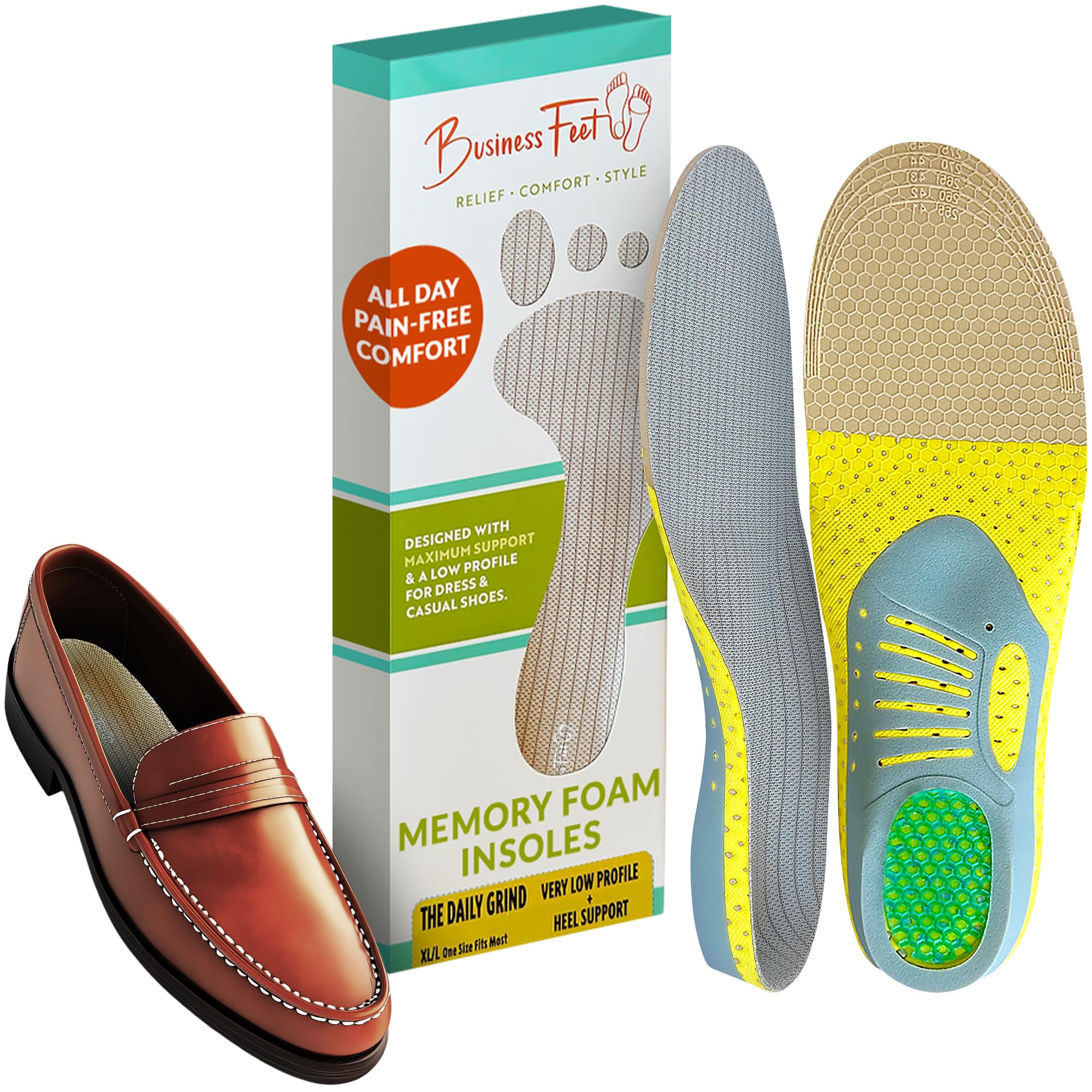 The Daily Grind! Shoe Orthopedic Insoles for Men & Shoe Inserts for Women, Breathable Hexa Gel Inserts with Heel Cushion for Foot Pain, Thin Metatarsalgia Insoles for Heel Pain, Best for Walking - M/S
