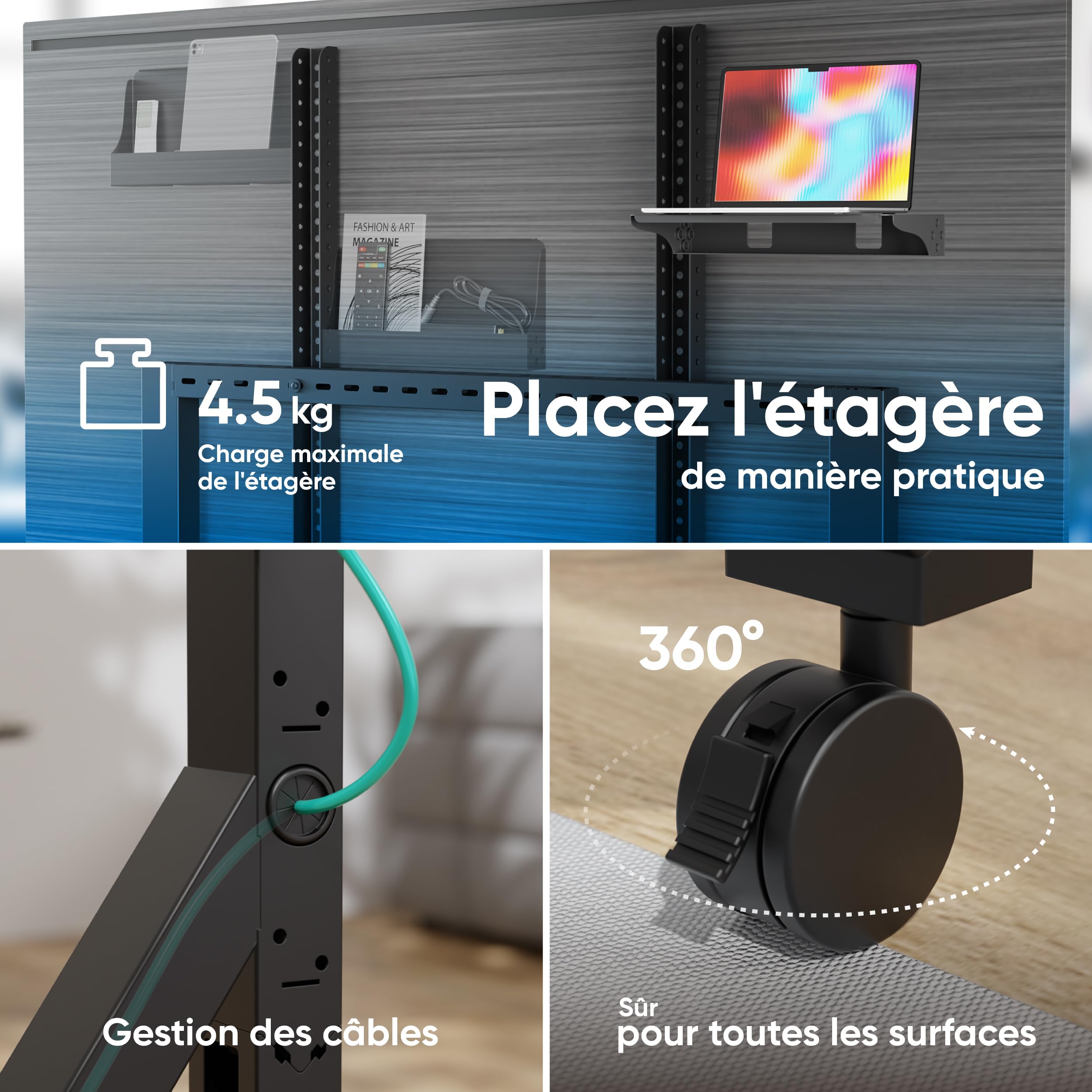 ONKRON Support TV roulettes pour 70-110 Pouces Écrans Interactifs & TVs, Pied Television Mobile Charge Max 125 kg, Support TV sur Pied Max VESA 1000x800, Chariot Tele roulettes Noir TS2081-B