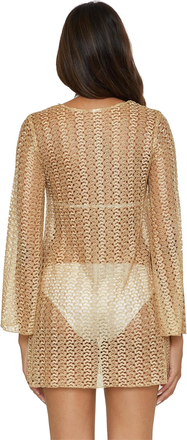 Becca Golden - Women's Crochet Tunic, Casual, Pull On, Sheer, Beach Cover Ups for Women, Gold, Small