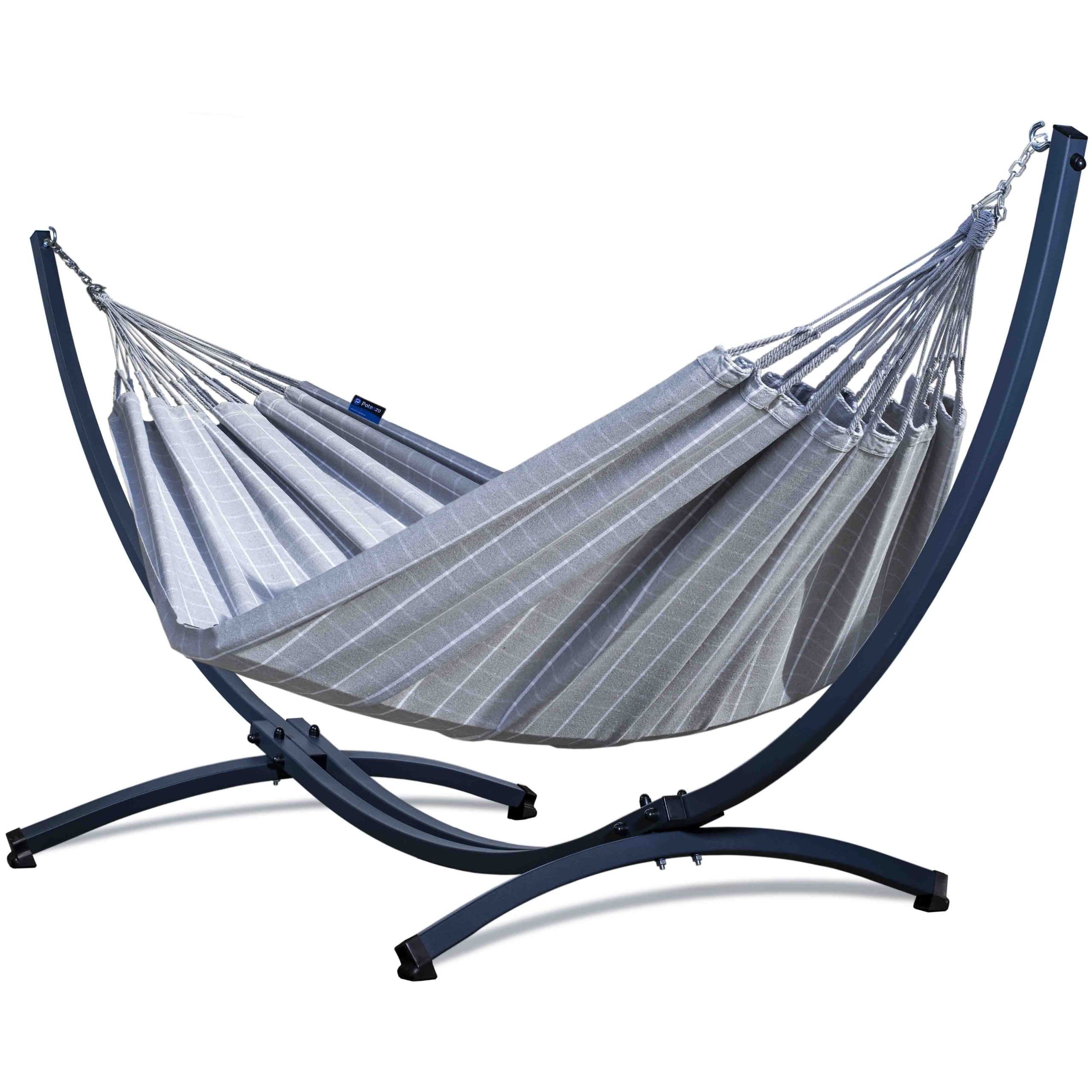 Potenza Outdoor Hängematte mit Gestell Metall für 2 Personen I Catargo - Baumwolle Doppelhängematte XXL 220x160cm, 220kg I Hängemattengestell 220kg, wetterfest (Grau, Basic Gestell Graphit)
