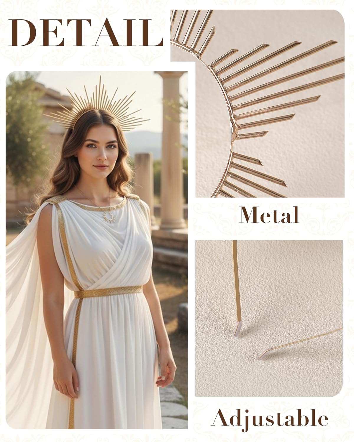 3 Pcs Goddess Costume Accessories Set, Renaissance Gold Sunburst Spiked Halo Crown with Earring Necklace, Renfaire Greek Goddess Headpiece for Women Cospaly Halloween Party - Image 3
