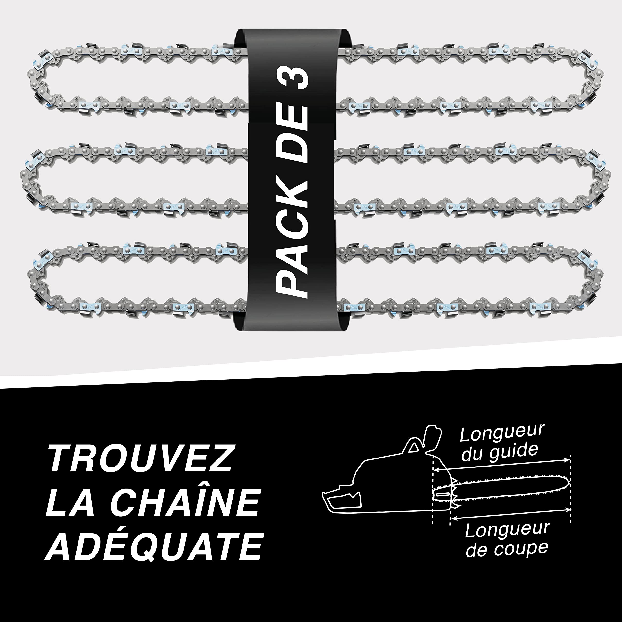 Tallox Lot de 3 chaînes de tronçonneuse 1/4" 1,1 mm, 64 TG, 30 cm, version 2025, bras anti-retour MSA