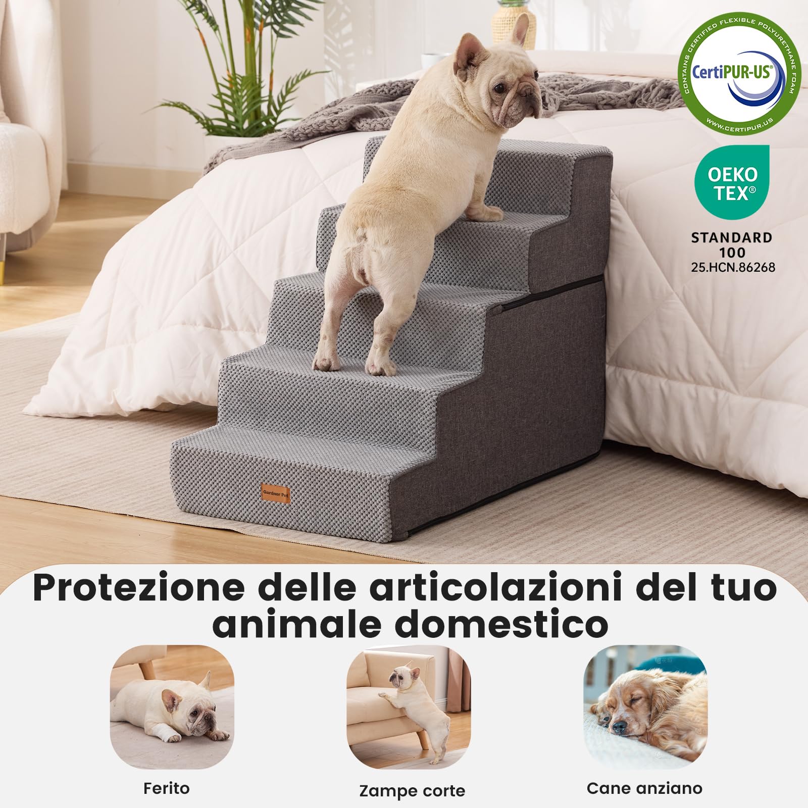 Gardner Pet Scala per Cani Piccola, Scala per Animali Domestici a 5 Gradini, Rampe in Schiuma ad Alta Densità con Rivestimento Impermeabile e Antiscivolo, per Letto, Divano, Poltrona e Auto, Grigio