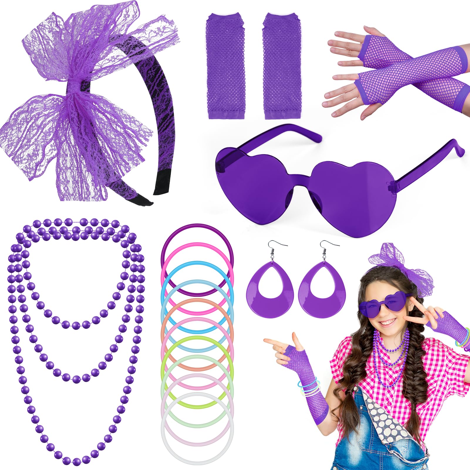 Kareeran 80s Fancy Dress for Women Girls, 17Pcs Ladies 80s Accessories, 90s Retro Headbands Earrings Fishnet Gloves Sunglasses for Dress Up Party