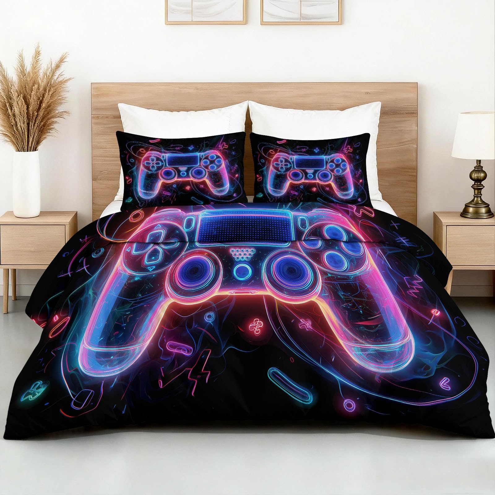 Juego de vídeo - Funda nórdica de 240 x 260 cm, juego de cama para 2 personas, de microfibra suave, mando juego de vídeo luminoso 3D, funda nórdica con 2 fundas de almohada para niño adolescente