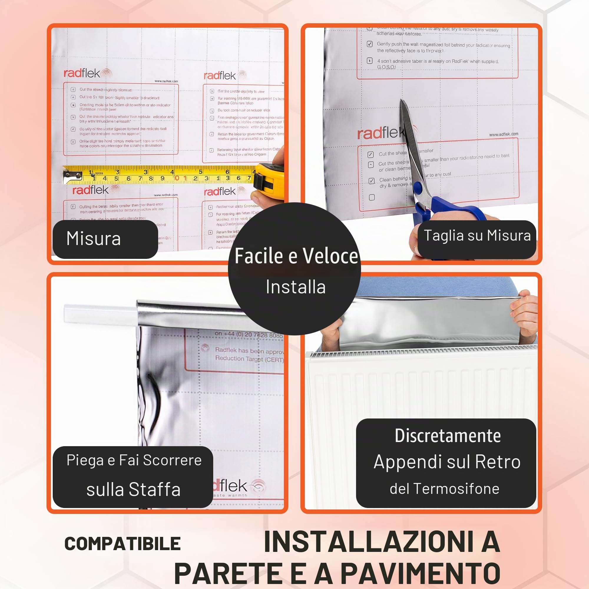Radflek - Pannelli termoriflettenti per termosifoni, con strisce adesive termoriflettenti Radstik, confezione da 8 pannelli + 8 strisce Radstik
