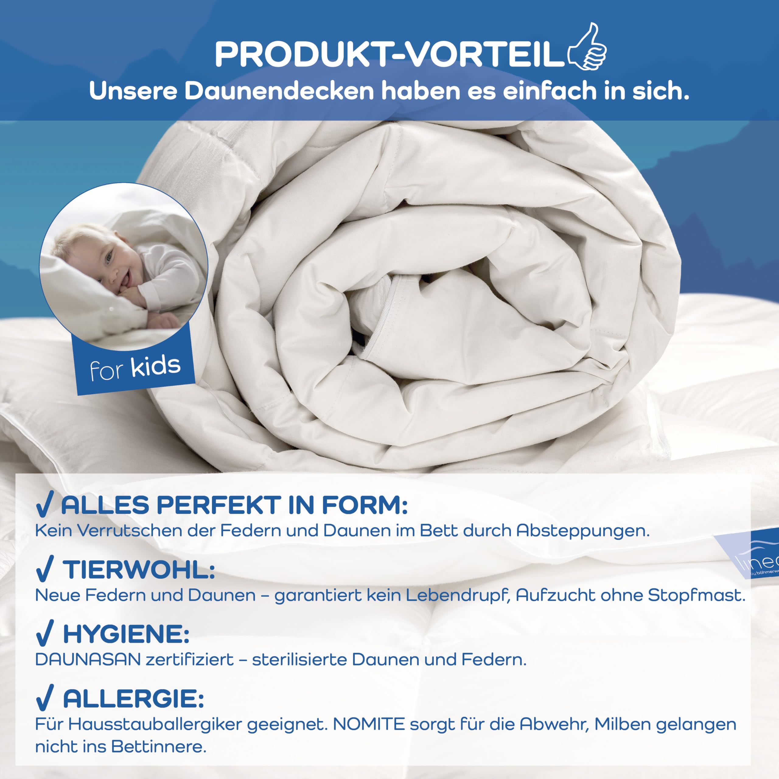 LINEA by Böhmerwald - Kids - Piumone, pesantezza Normale, 90% piumino/10% Piuma di Classe 1, 300 g, Anallergico, Lavabile Fino a 60 °C, Prodotto in Germania, 100 x 135 cm