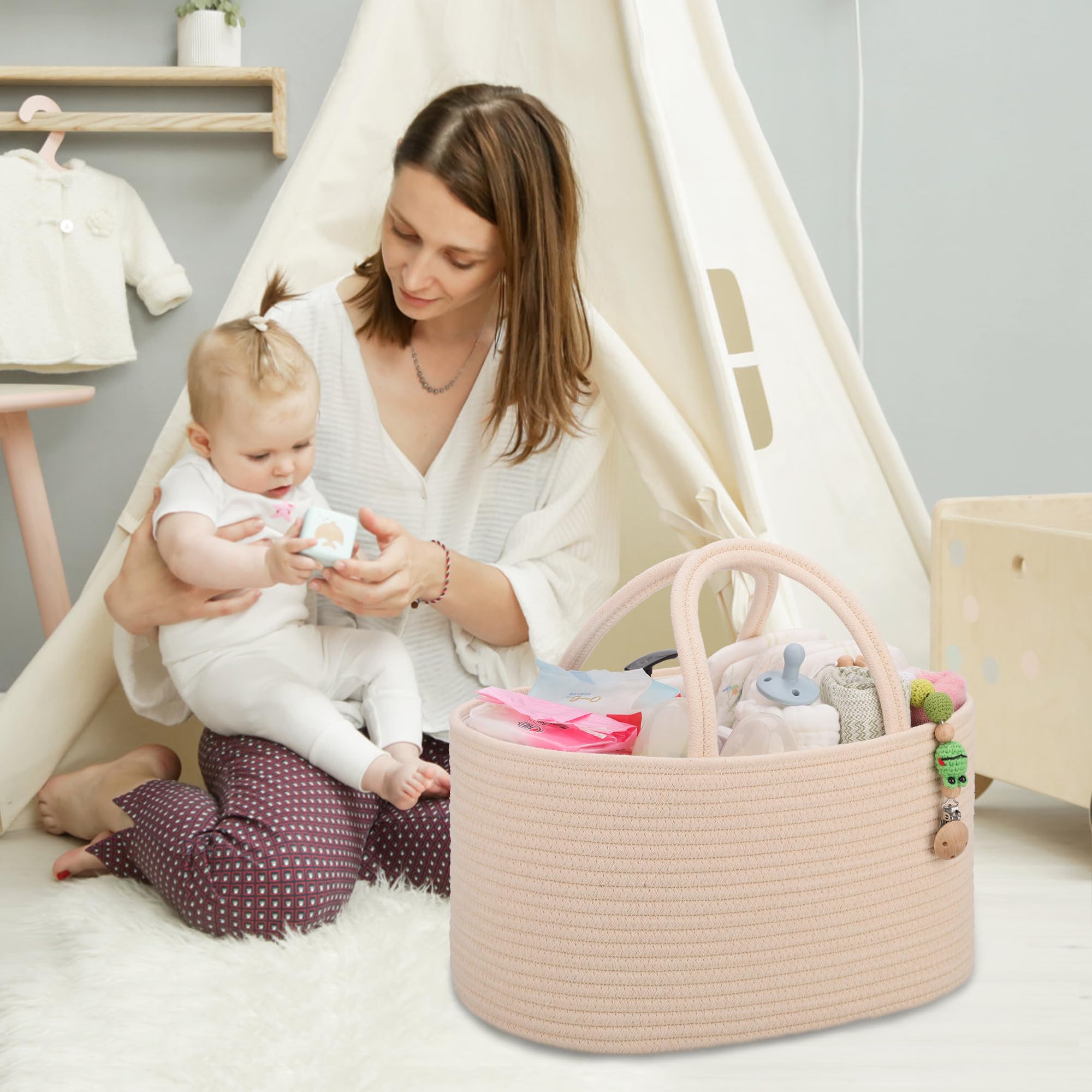 COMSE Large Nappy Caddy Organizer for Girl Boy Baby Car Diaper Caddy with Handles, Cotton Rope Diaper Basket - Image 3