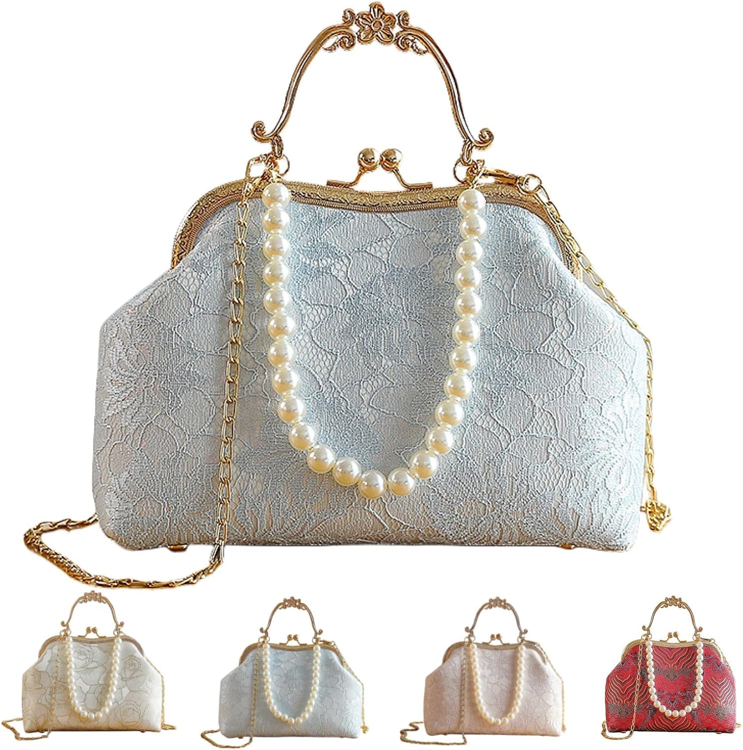 NALACAL Women’s Clutch Handbags Vintage, Lace Embroidery Pearl Crossbody, Evening Bag with Chain Strap with Chain Strap Floral, For Wedding Party Cocktail Prom Banquet, Elegant, Unique, for Women