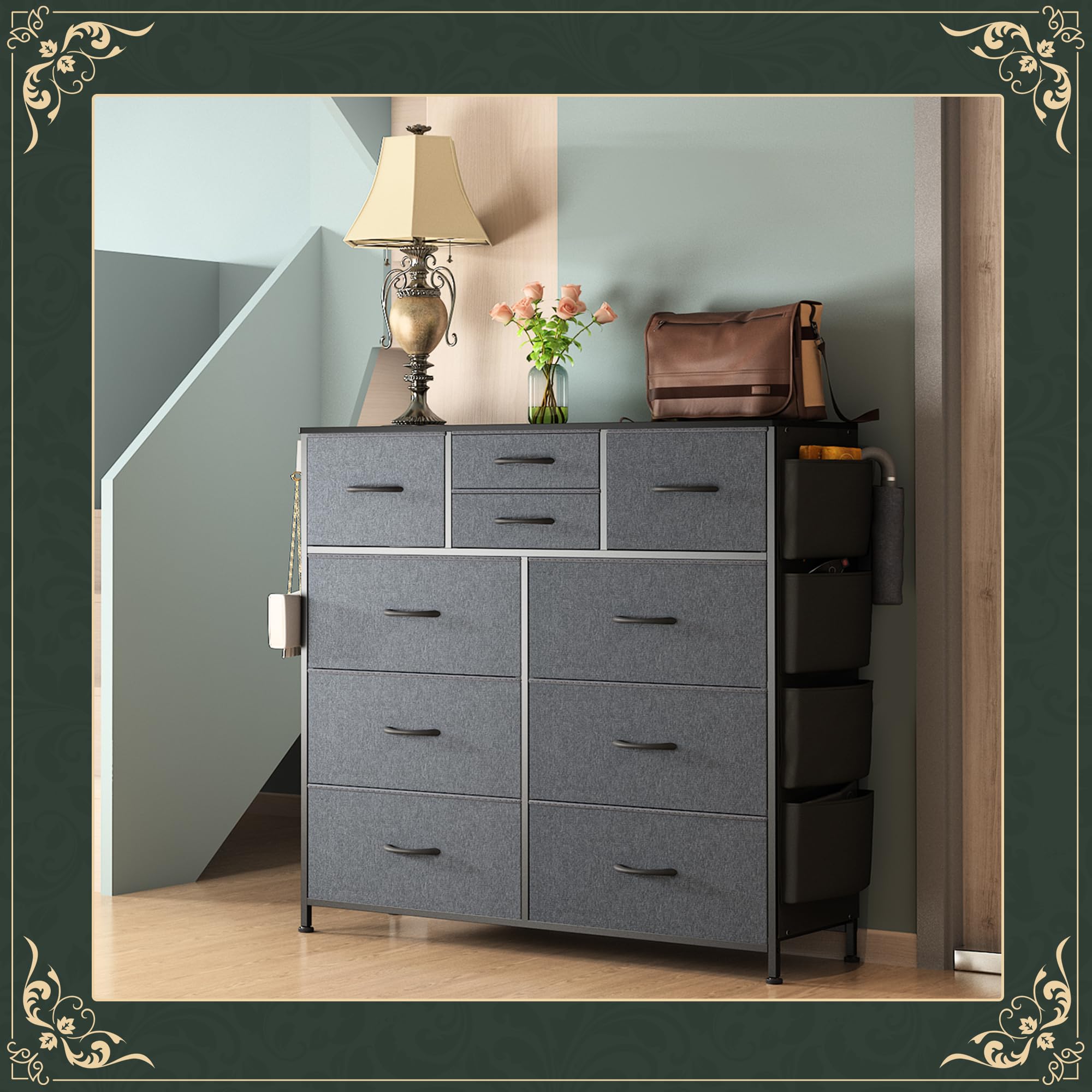 Kommode mit 10 Stoffschubladen, Komodenschrank mit Seitentaschen und Haken, Holzplatte und Metallrahmen, Stoffkommode für Schlafzimmer, Wohnzimmer, Flur, Kinderzimmer (Dunkelgrau)