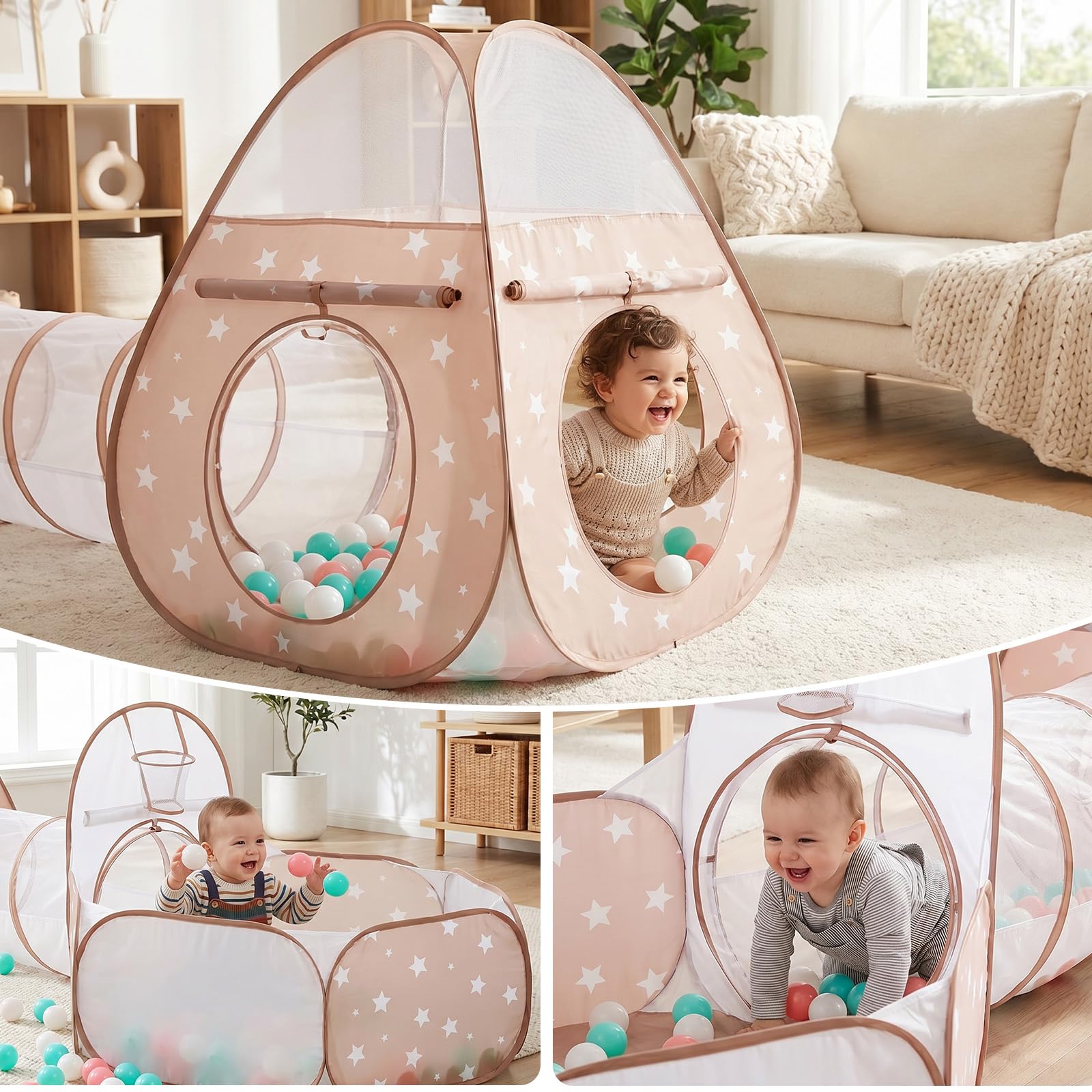 Sumbababy Tenda da gioco 3 in 1 per bambini, tunnel da gioco per bambini, per bambini, per interni ed esterni, verde e giallo, palline non incluse