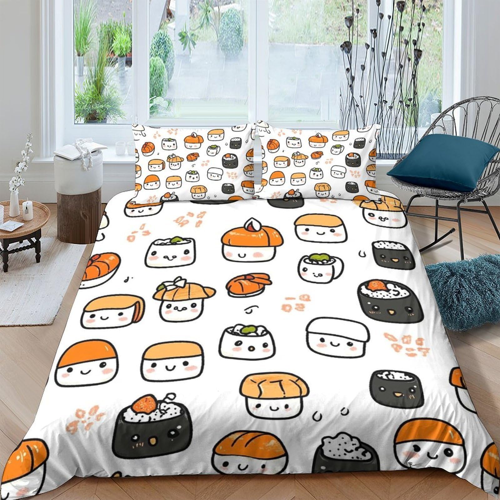 Ctjqhvkz Style-7 3D Printed Cute Sushi Cartoon Fitted Sheet Microfiber Soft Breathable Kawaii Japanese Food Bed Cover For Bedroom Guest Room Decor Mattress Protection Single（135X200cm）
