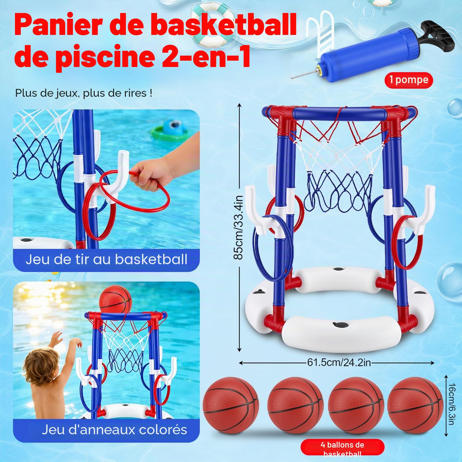 Jeu de Basket de Piscine 2 en 1, Panier de Basket Flottant avec 4 Grands Ballons & 12 Anneaux INCL. Pompe, Sport Nautique Gonflable pour Enfants Adultes Famille Amusement dans l'eau