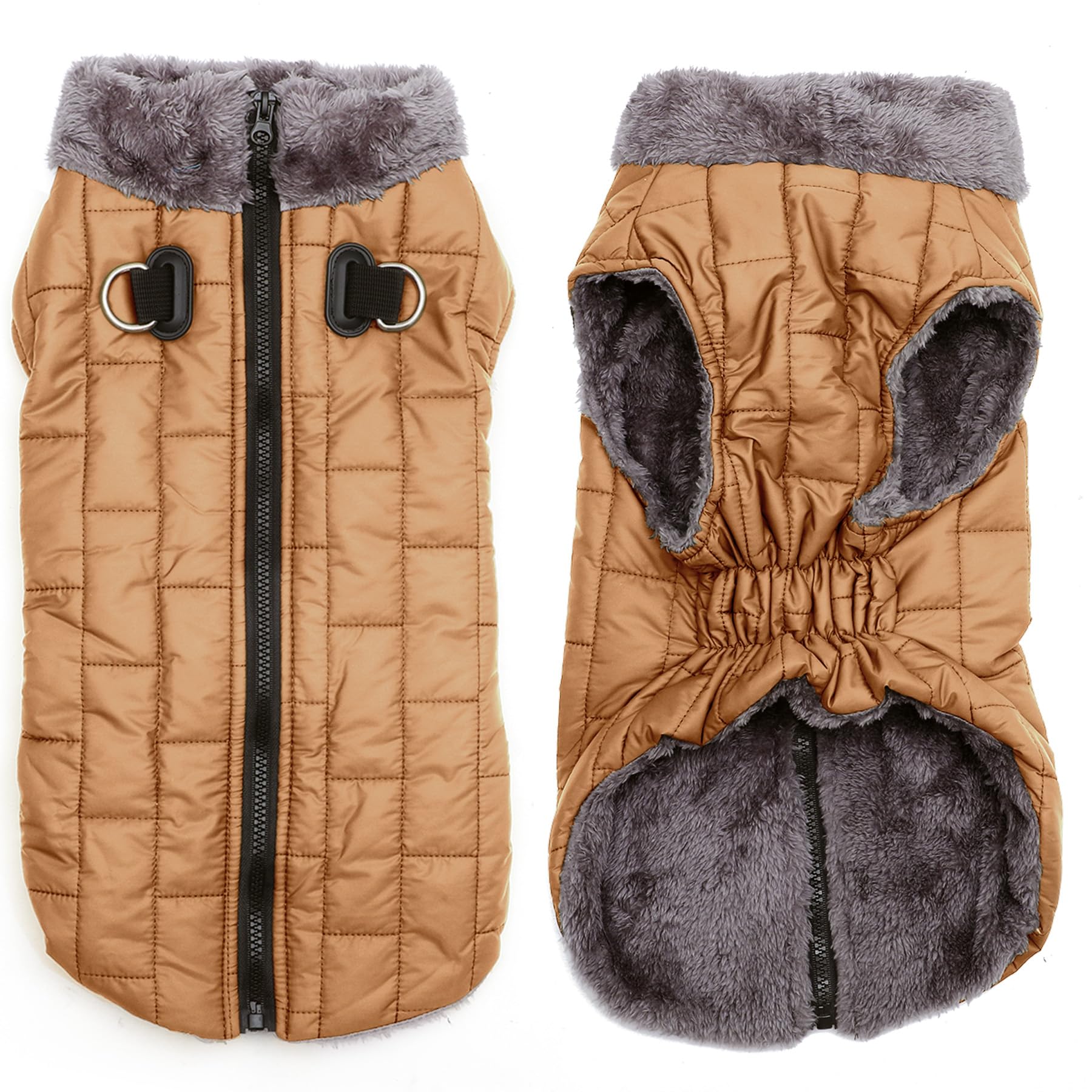 JoyDaog Warmer Fleece-Hundemantel mit strapazierfähigem Geschirr und D-Ring, wasserdichte Hundejacke für mittelgroße Hunde, Hundeweste für den kalten Winter, brüniertes Khaki, Größe L