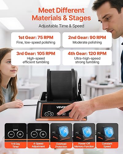 Miniatura 4 de VEVOR Pulidor de Rocas, máquina pulidora de rocas de 1 libra, kit de pulir rocas con ajuste de 4 velocidades, temporizador de 1 a 9 días, kit de