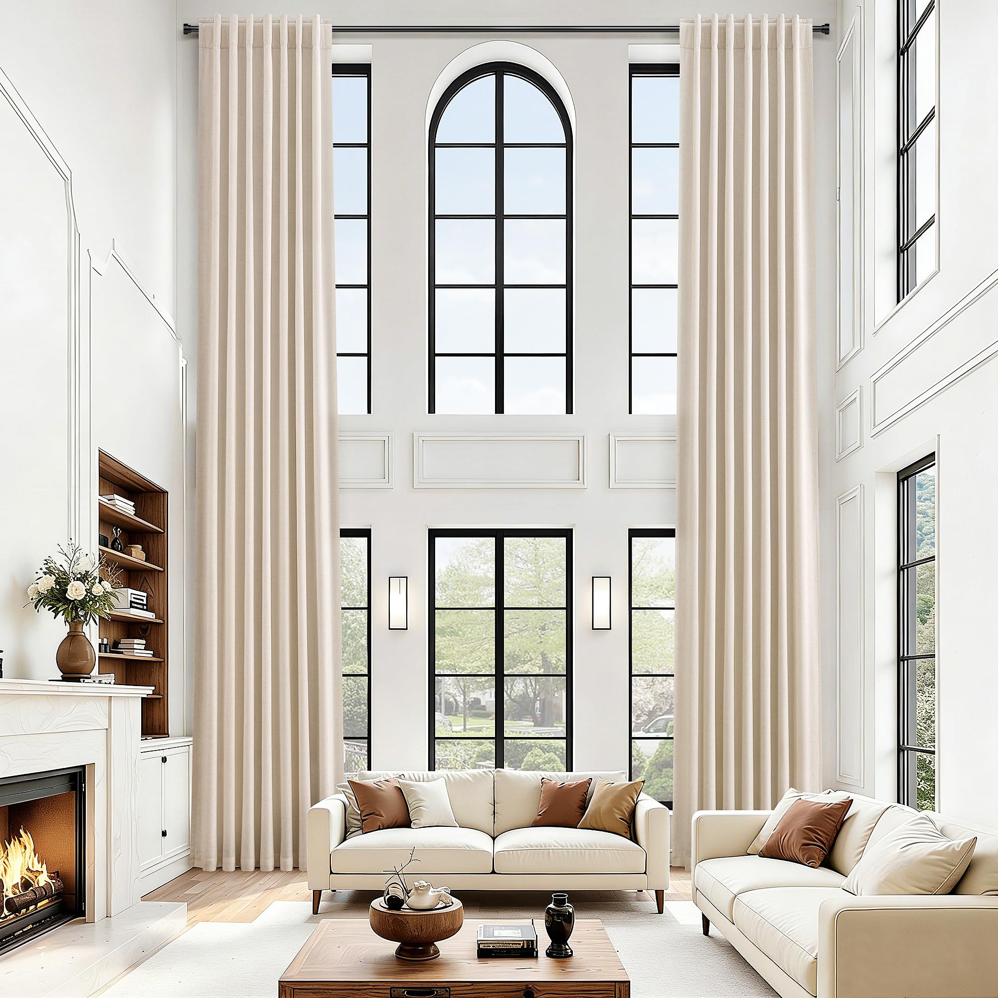 Photo 1 of Joywell Beige 100% Blackout Extra Long Curtains with Back Tab 11ft Linen Blended Room Darkening High Living Room Drapes 132 inch for High Ceiling or Long Window 1 Panel, 52x132 Inch