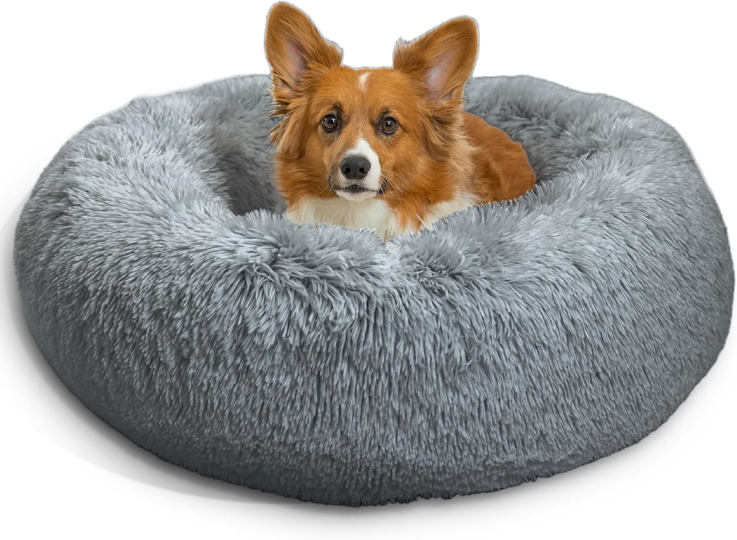 Small Gray Shag Fur Orthopedic Donut Pet Bed