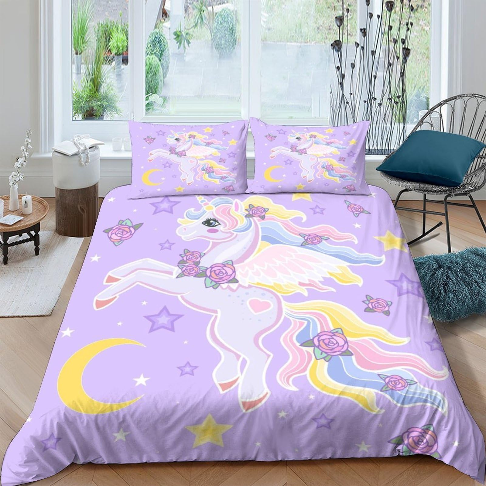 Ctjqhvkz Style-2 3D Printed Unicorn Fantasy Fitted Sheet Microfiber Soft Lilac Dreamland Bed Cover For Bedroom Dorm Mattress Decor Single（135X200cm）