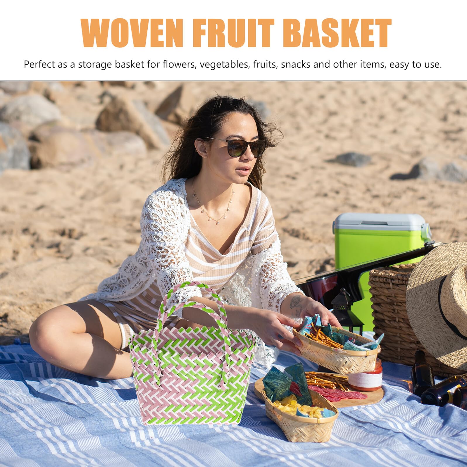VILLCASE Moderner Pvc Gewebter Korb mit Henkel Leichter Multifunktionaler Haushalts Obstbehälter für Gemüse und Obst Praktischer Picknickkorb für Shopping und Dusche