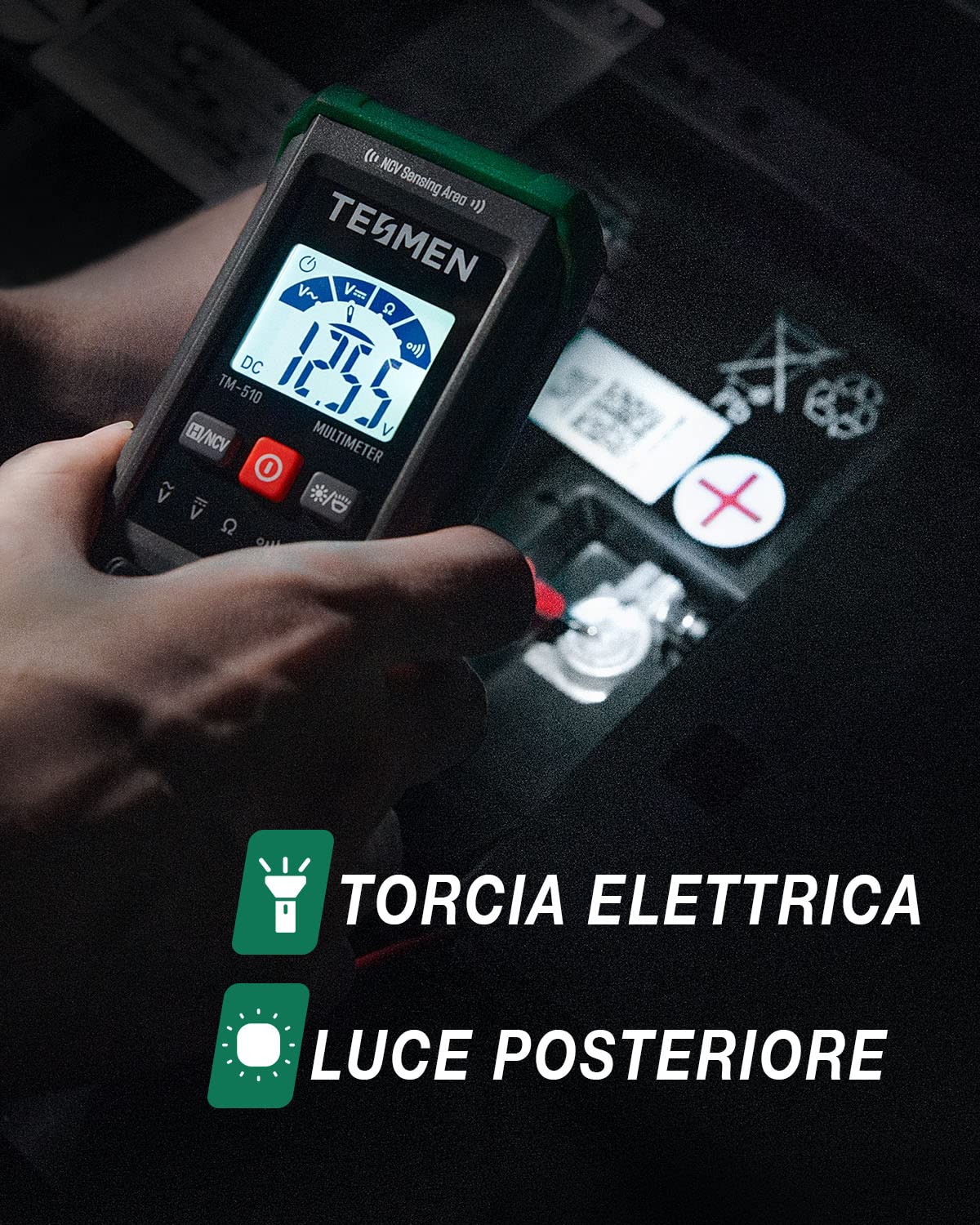 TESMEN TM-510 Multimetro Digitale, 4000 Conta Tester Elettricista, Misurazione Smart, Autoranging, Senza Contatto, Misura Tensione AC/DC, Resistenza, Continuità – Verde