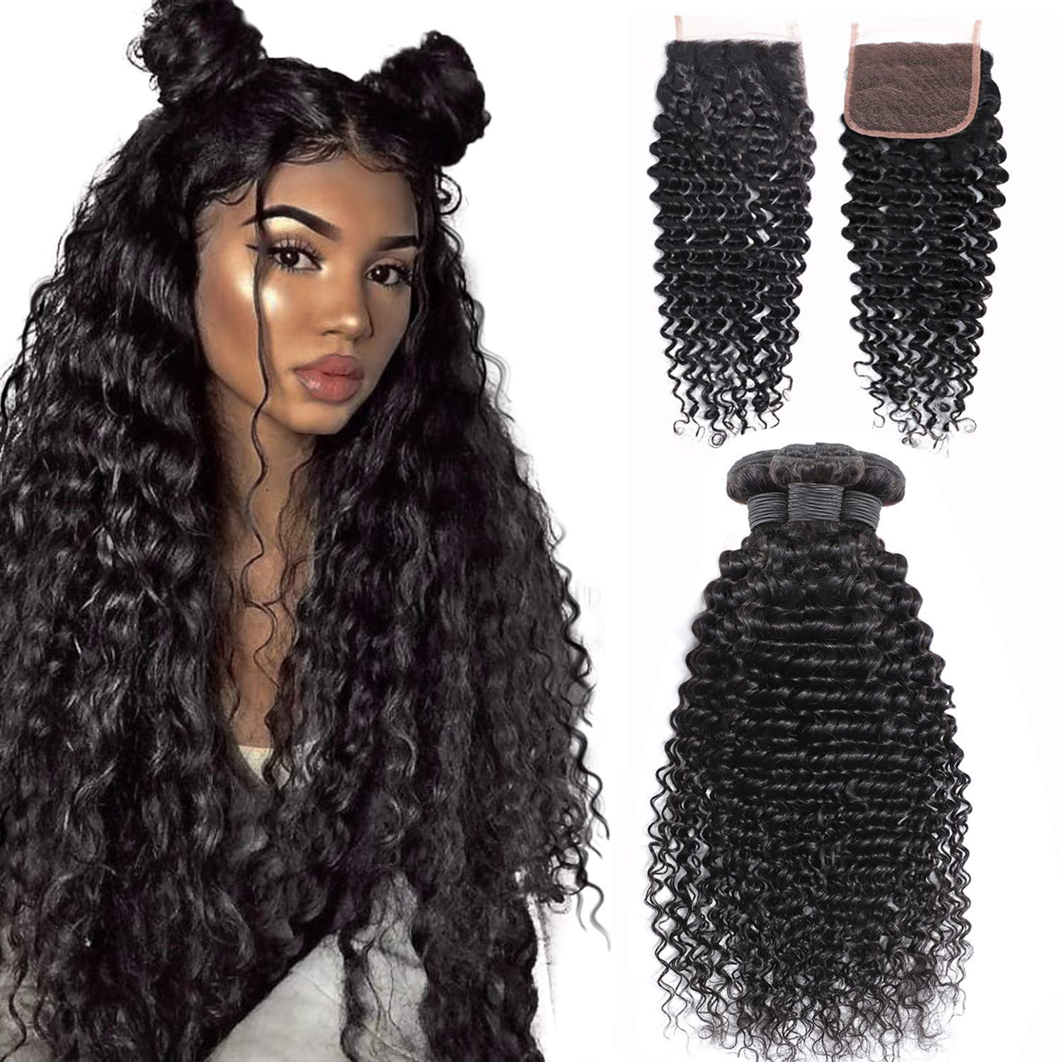 Li&queen Brazilian Deep Wave Bundles with Closure 14 16 18+12 Inch Virgin Human Hair Bundles Weave Brazilian Curly Hair Bundles 4x4 Free Part Lace Closure Natural Color EMOL Hair