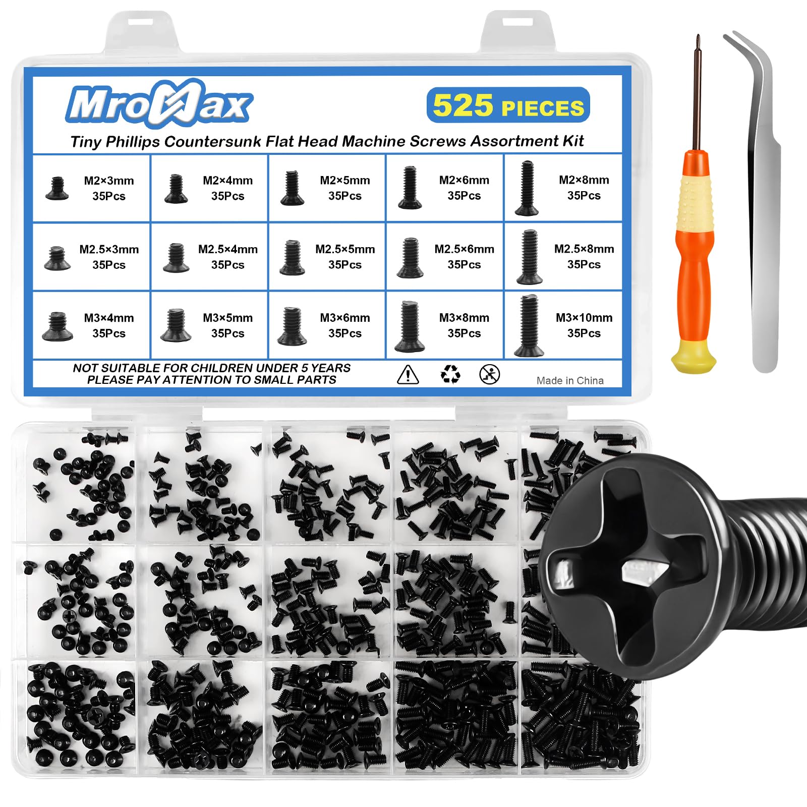525Pcs Laptop Screws Kit, 15 Sizes Notebook Computer Replacement Screws Set, M2 M2.5 M3 Carbon Steel Phillips Countersunk Flat Head Mini Screw Set for