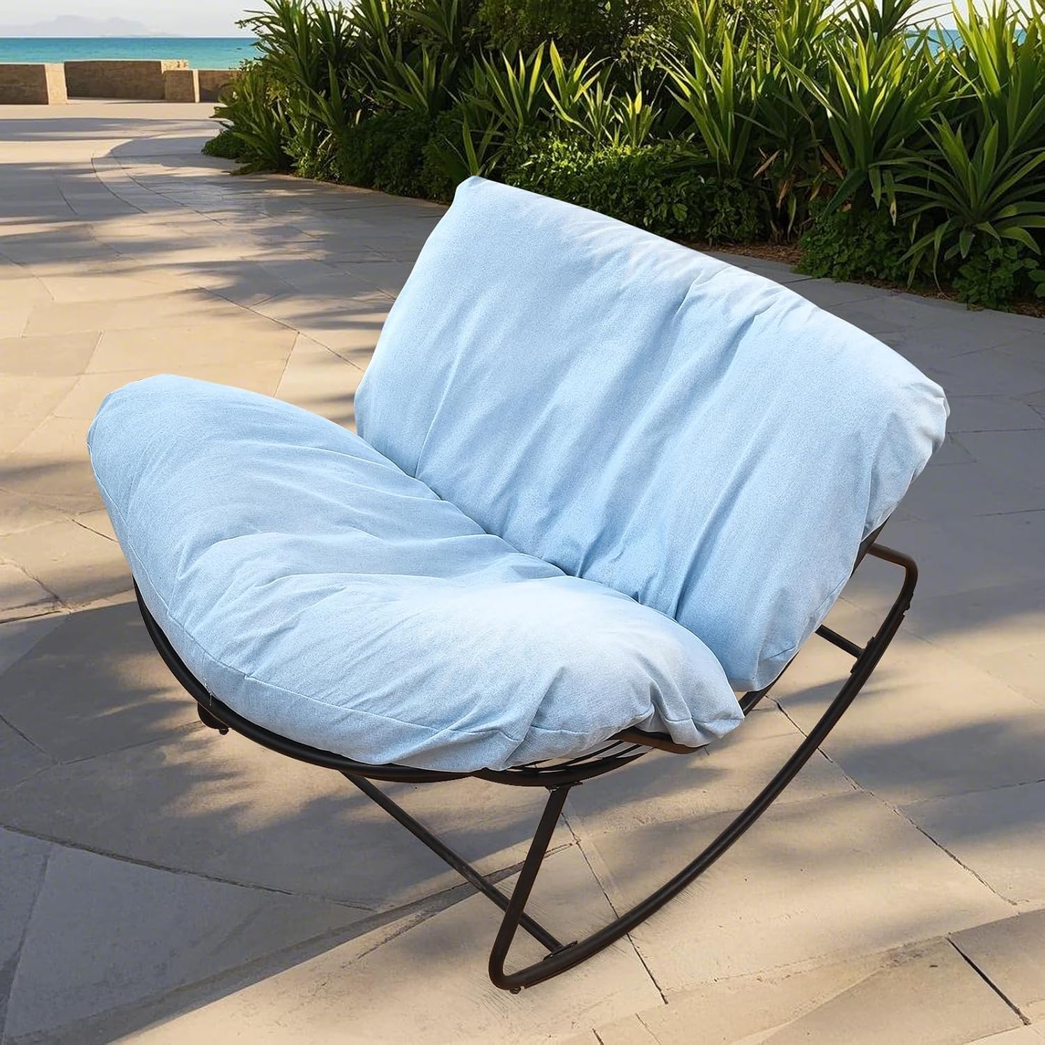 Outdoor Rocking Chair Cushion Cover,Suitable for Patio Egg Rocking Chair Cushion,Indoor Papasan Chair, Rattan Wicker Lounge Chair,Linen Material is Easy to Clean (ONLY Cover,Blue)
