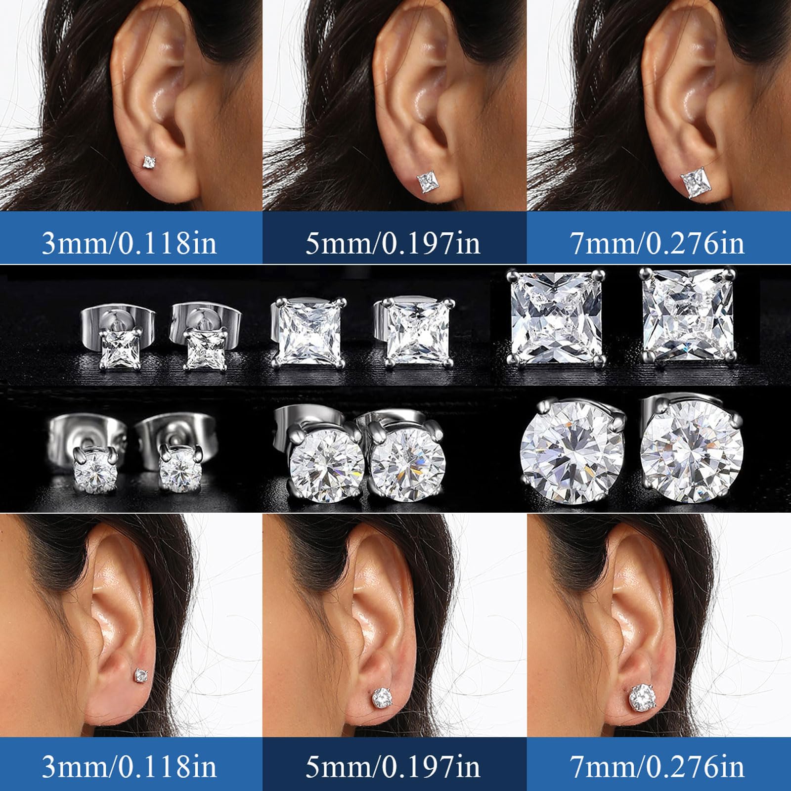 MDFUN 6 Pairs Stud Earrings Set 3mm/5mm/7mm Princess & Round Cubic Zirconia Earrings Hypoallergenic 316L Surgical Stainless Steel CZ Earrings for Women Men