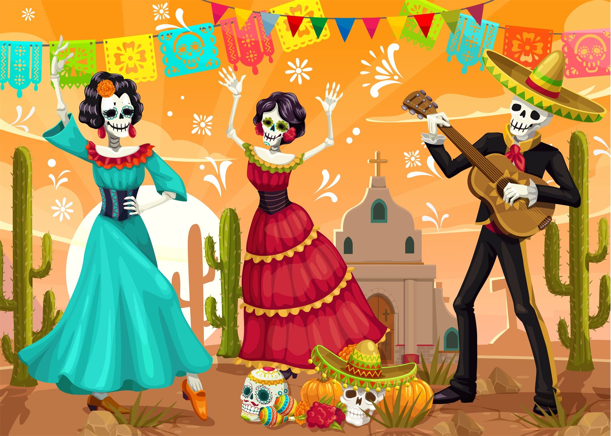 Amazon.com : BELECO Dancing Day of The Dead Backdrop Fabric 8x6ft Mexican  Fiesta Sugar Skull Flowers Desert Castle Cactus Background Dia DE Los  Muertos Dress-up Birthday Party Supplies Banner Decor Photo Props :