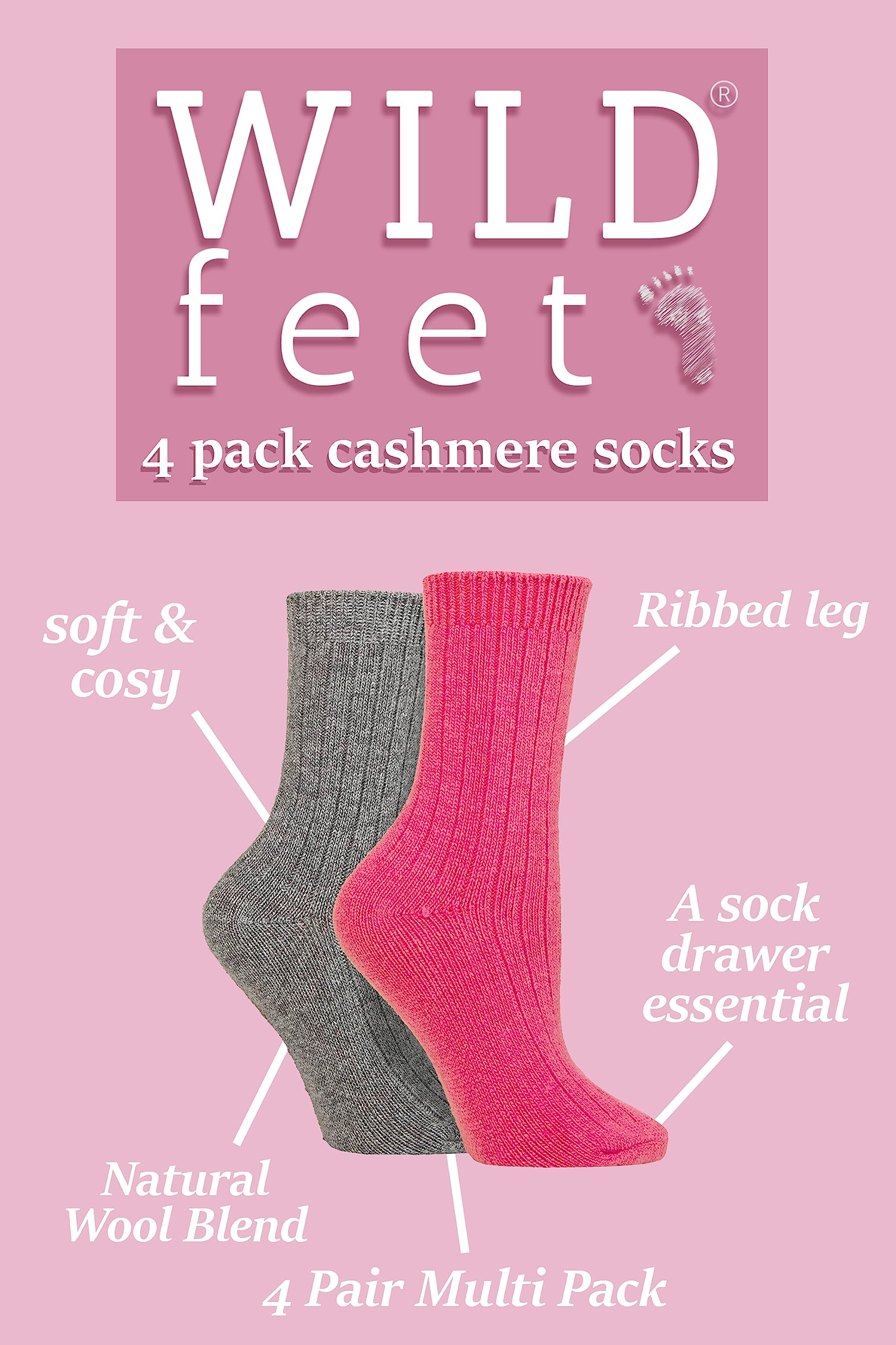 WILDFEET Paquete de 4 calcetines de cachemira para mujer, transpirables, acanalados, de lana, para mujer