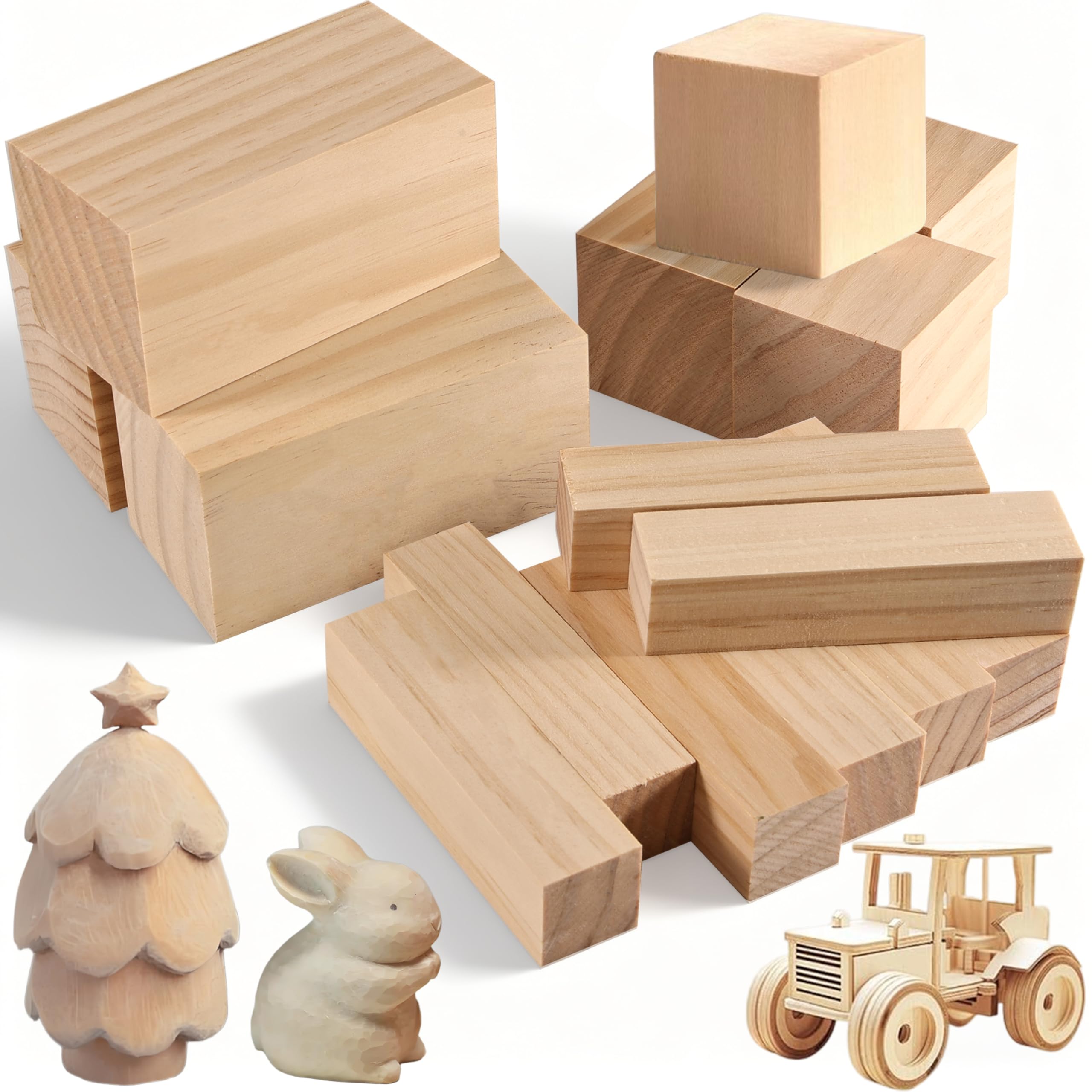Joycabin 15 Stück Schnitzholz Set, Natürlich Lindenholz Holzblock, 3 Größen Unbehandelte Holzblock Holz Rohlinge Basswood zum Holzschnitzen und DIY Bastelarbeiten für Anfänger, DIY