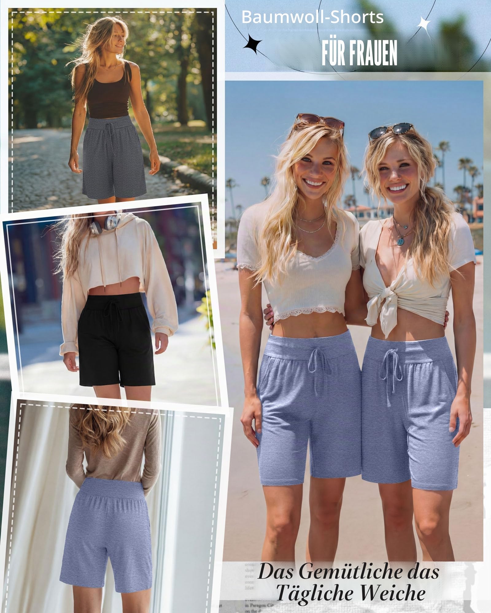 Neer 3er-Pack Bermuda-Shorts für Damen, Weites Bein, Hoher Bund, Kordelzug, Sportshorts mit Tasche