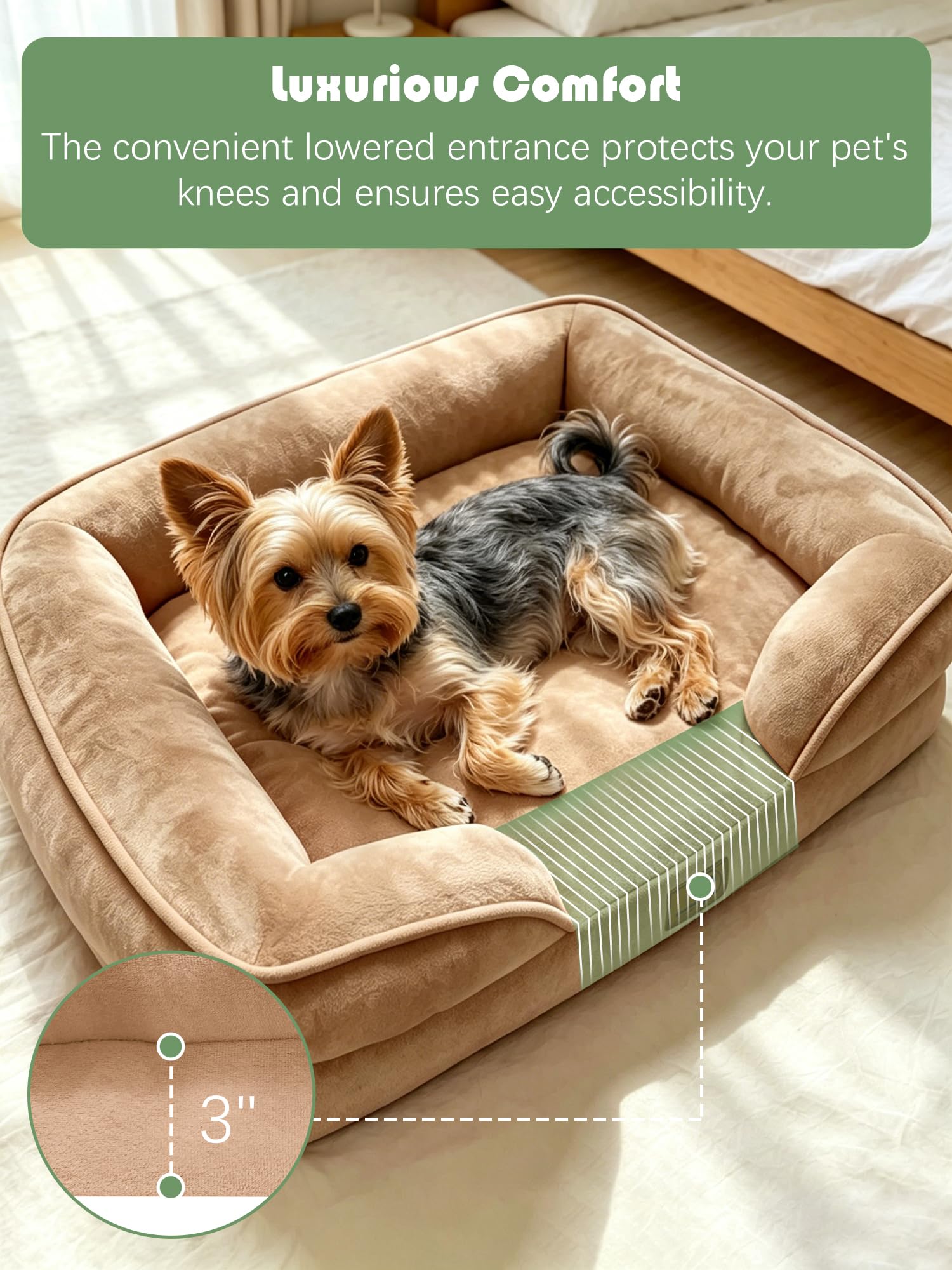 Spotted Play Orthopedic Dog Bed with Sides - Sofa Beds for Small Dogs, Supportive Foam Pet Couch Bed with Washable Removable Cover, Waterproof Lining and Non-Slip Bottom, Brown - S view 3