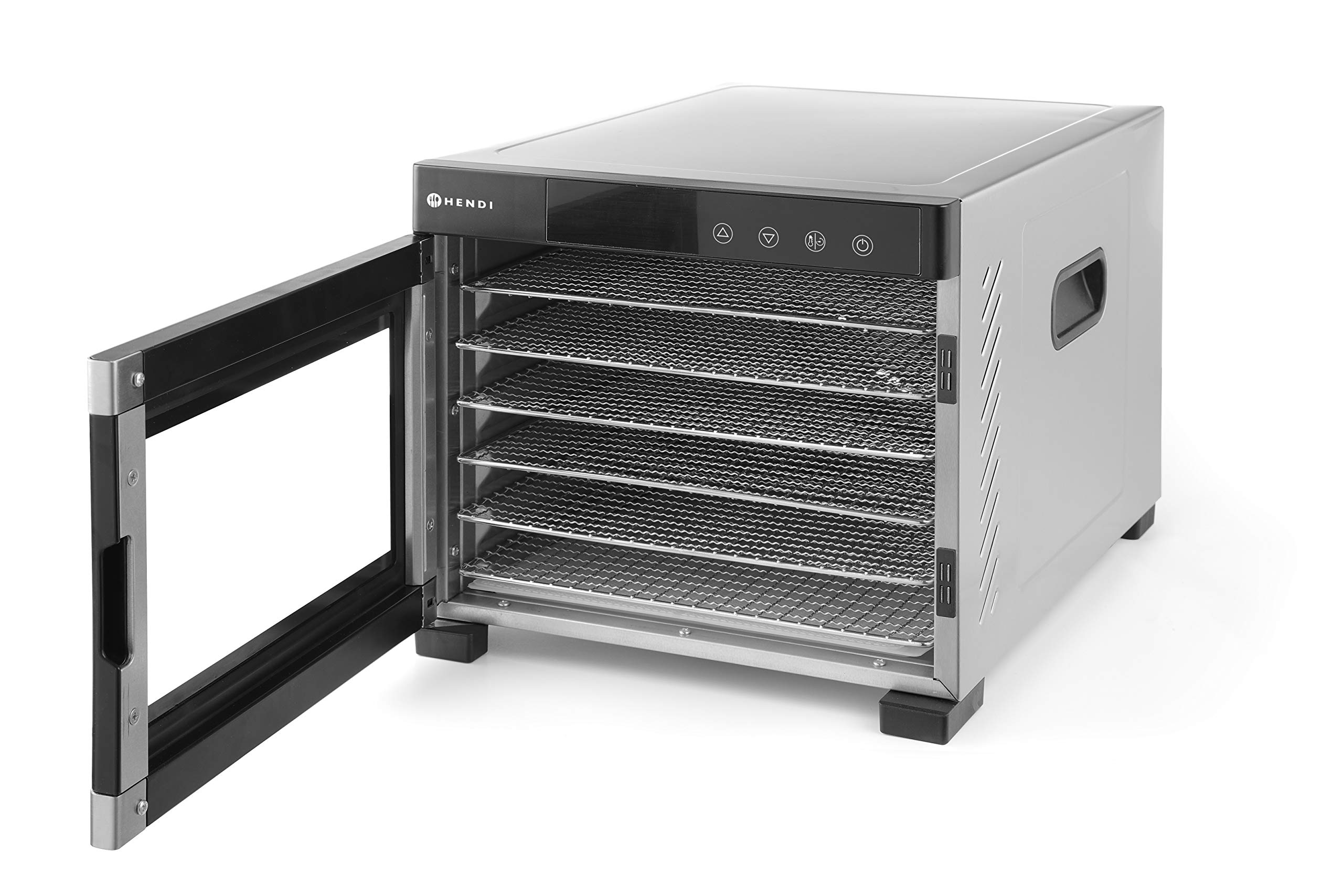 HENDI Essiccatore alimentare, con 6 griglie, per l’essiccazione di frutta, verdura e carne, timer, intervallo di temperatura da 35º a 75ºC, 230V/600W, 340x450x(H)311mm, acciaio inossidabile