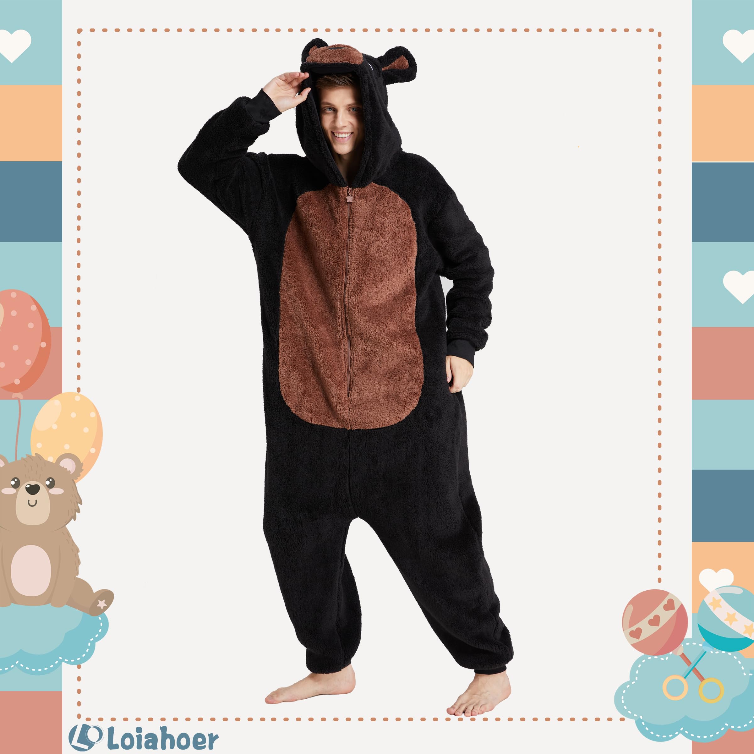 Loiahoer Unisex Erwachsene Bär Onesie Kostüm Pyjama Halloween Cosplay Kostüm Neuheit Tier SHU Velveteen Weihnachten Schlafanzug Pyjamas Set für Familie & Paare
