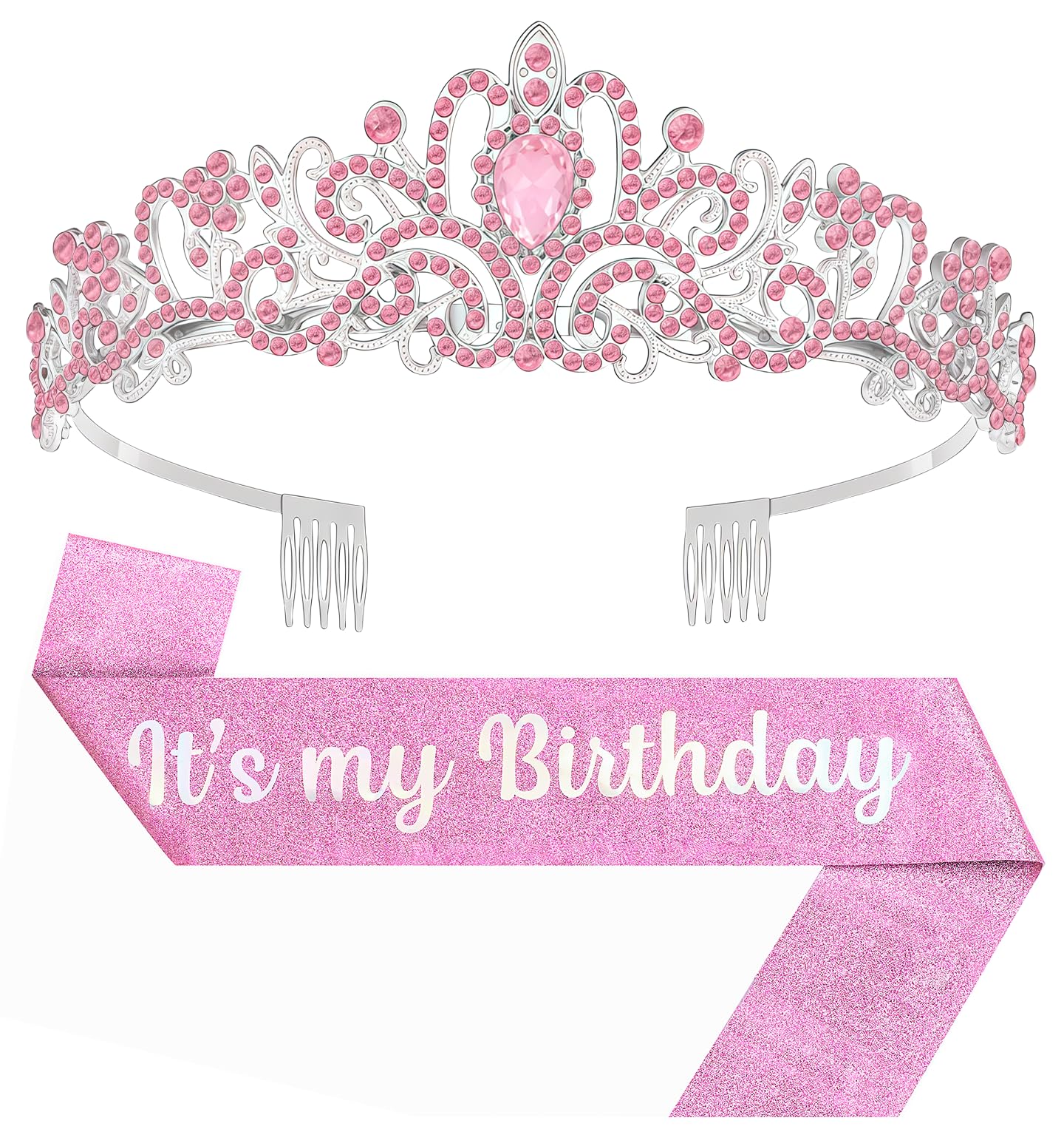 Papoopy Birthday Tiara and Crown with Sash, Birthday Tiara for Women Party (Pink)