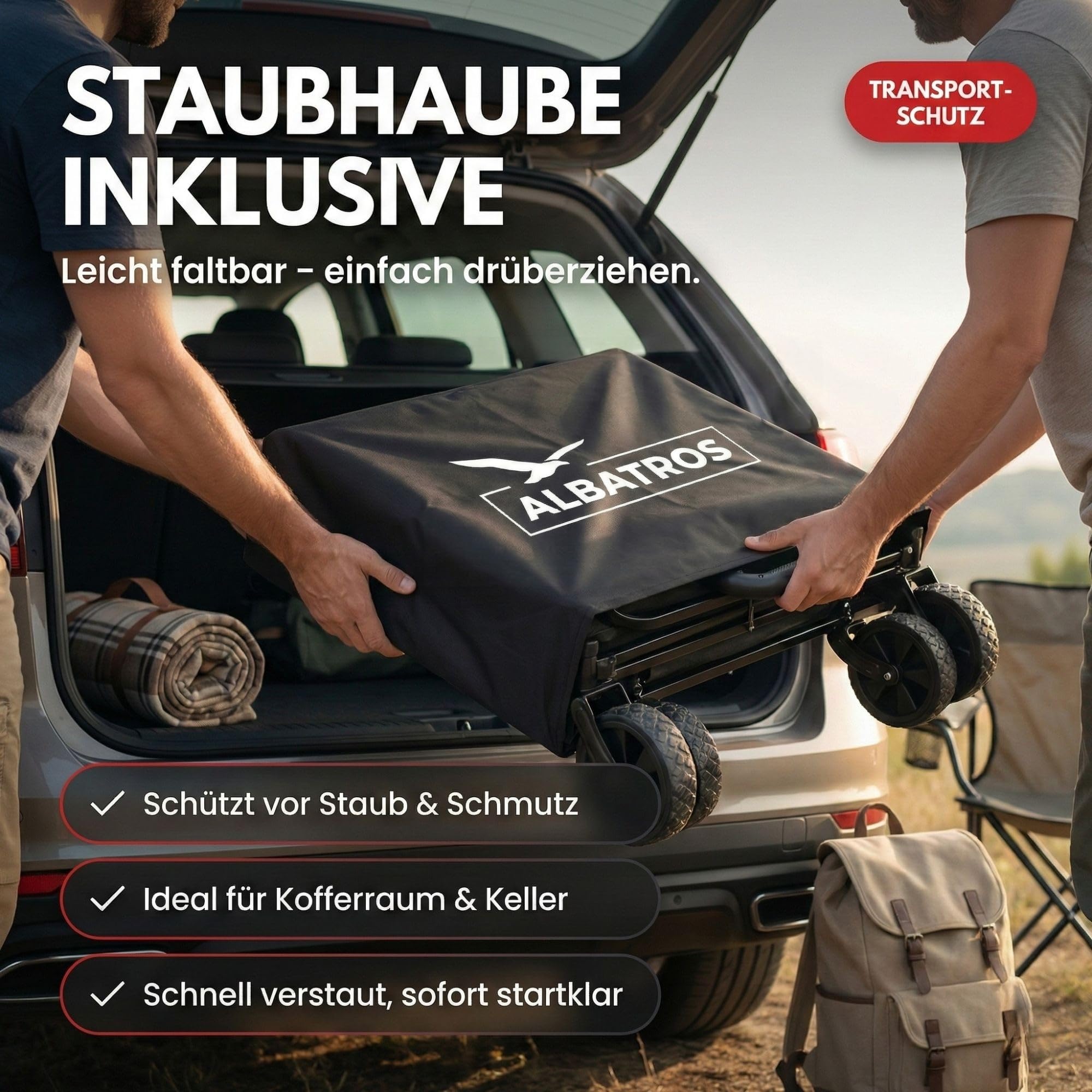 ALBATROS Bollerwagen klappbar 120L – Faltbarer Transportwagen mit Flaschenöffner, Getränkehalter & Rückwand-Öffnung – Outdoor Handwagen mit Reflektorstreifen für Camping, Festival & Ausflug