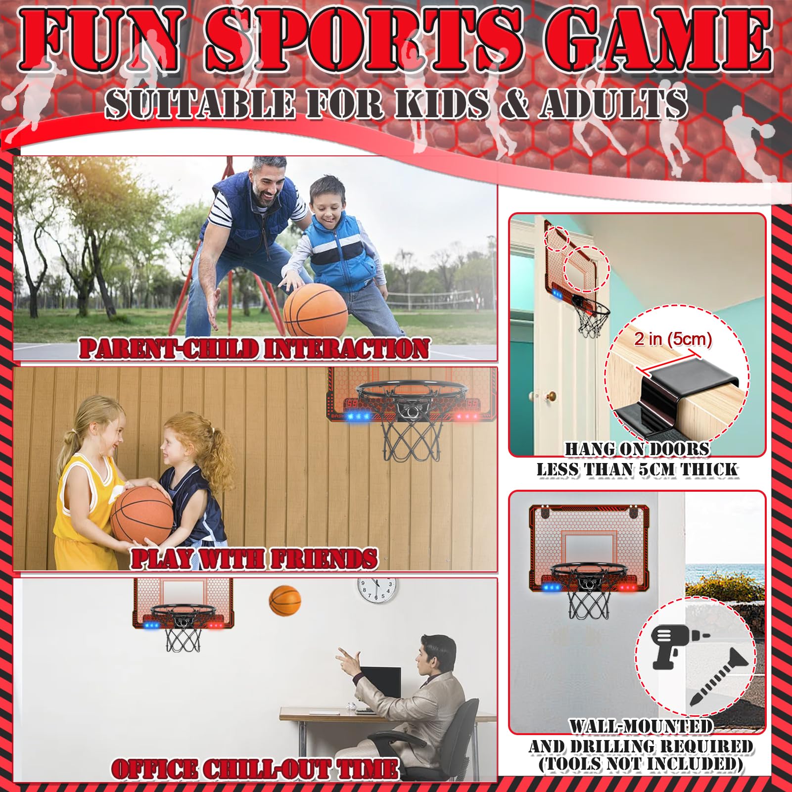 STAY GENT Panier de Basket Interieur, Mini Panier Basket la Porte avec Plusieurs Couleurs Lumières LED 4 Ballons Marqueur Automatique Panier Basket pour Chambre Mini Hoop Jeux Sportif Enfant Adultes