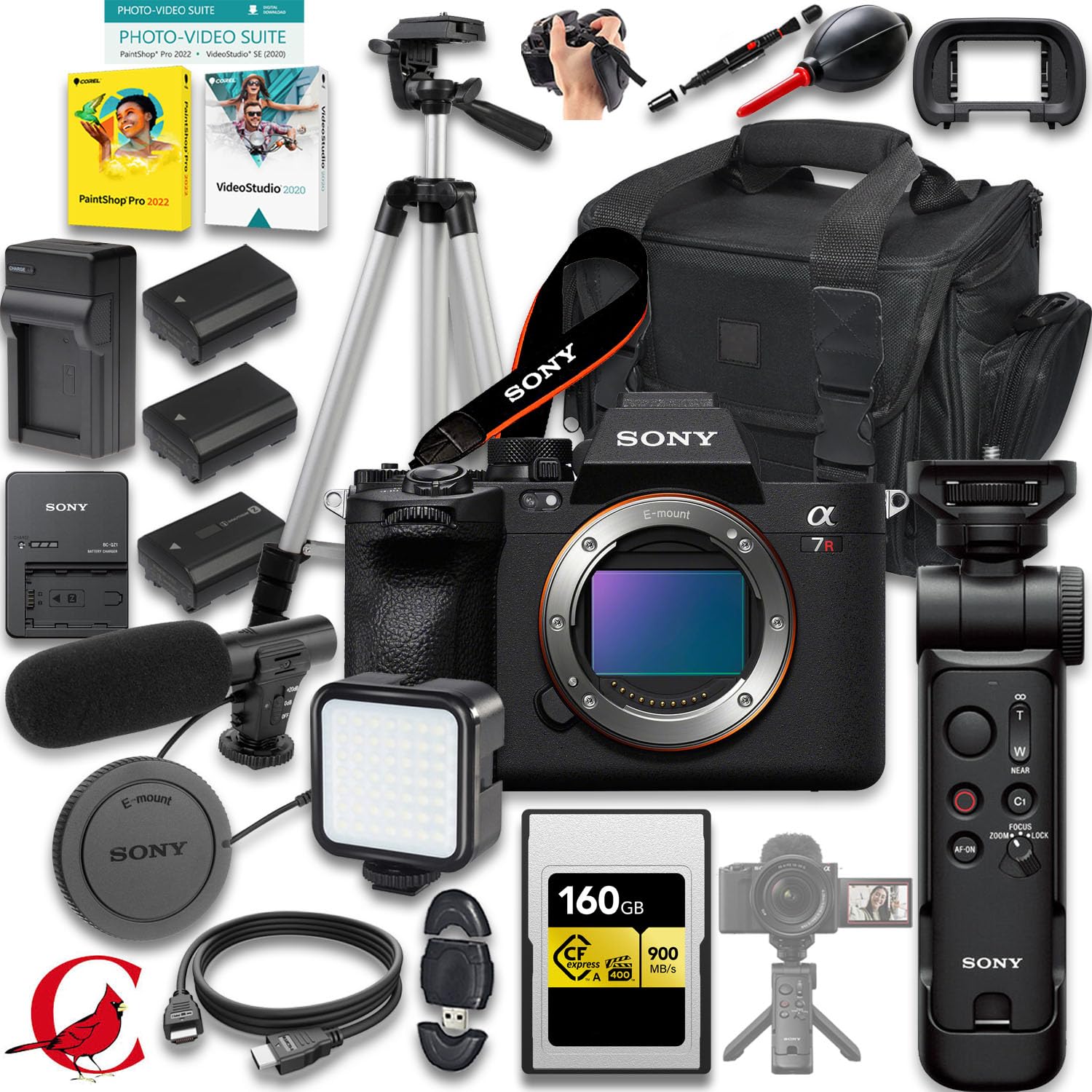 Sony a7R V Mirrorless Camera + Sony GP-VPT3 Wireless Shooting Grip + 160 GB CFexpress Type A Memory Card + 2pc Extra Battery + More (28pc Bundle)