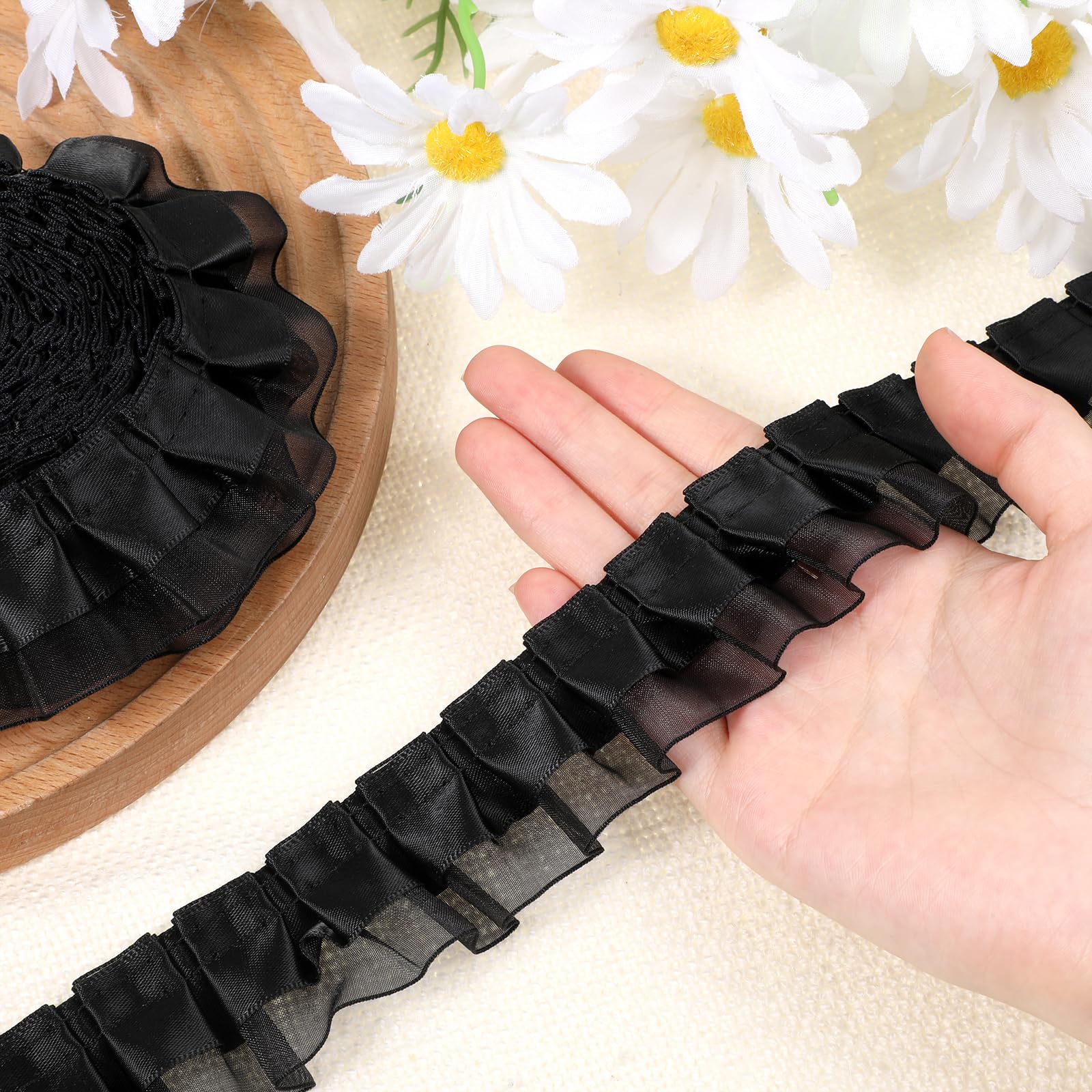 Photo 1 of Black Ruffle Trim Lace Ribbon 2-Layer Ruffle Ribbon Double-Layer Pleated Chiffon Lace Trim Satin Organza Pleated Edging Trimmings for Home, DIY, Sewing, Crafts, Costume(4.5cmx5.5yard)