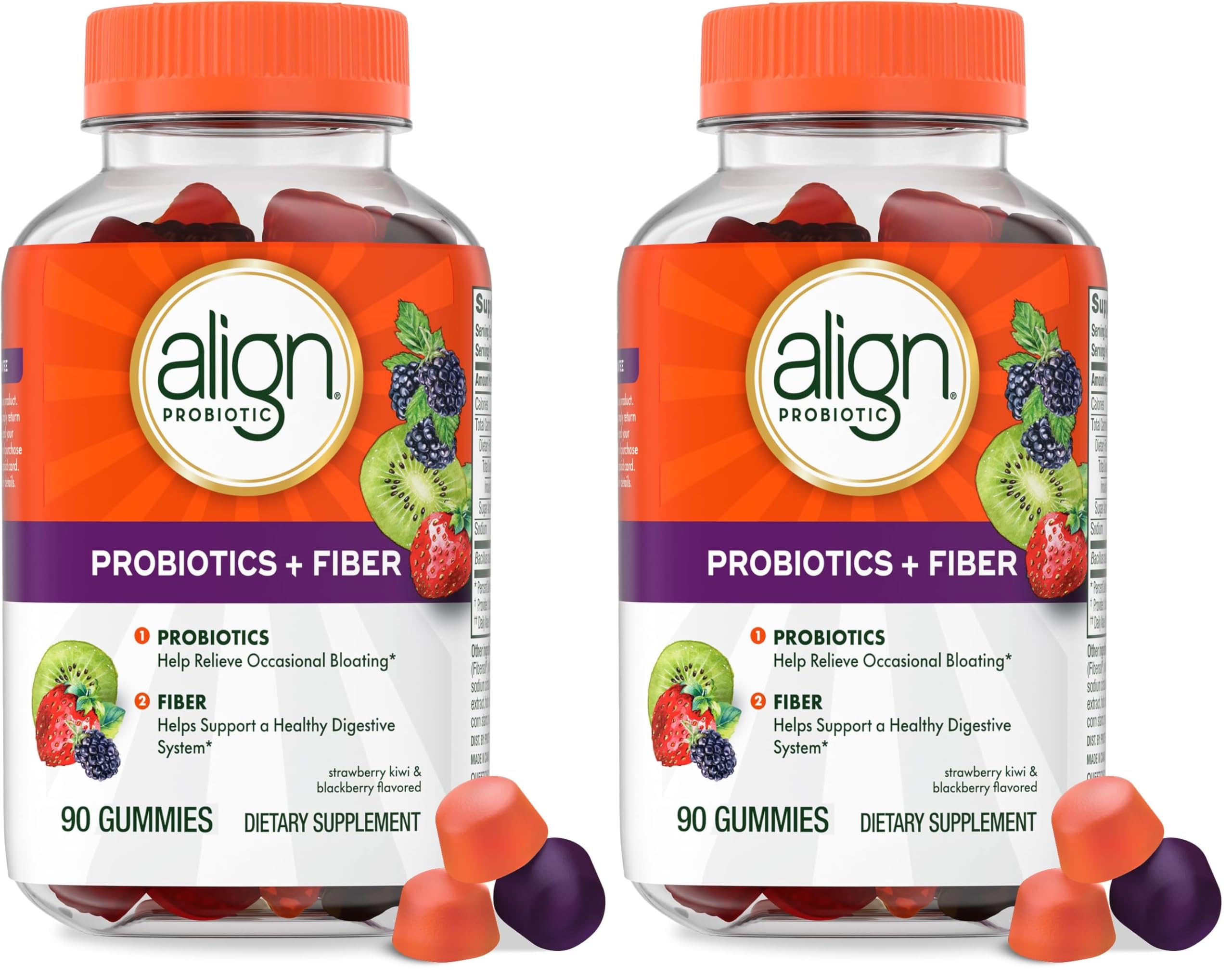 Align Probiotic, Probiotics + Fiber Gummies, Probiotics Help Relieve Occasional Bloating*, Fiber Helps Support a Healthy Digestive System*, #1 Doctor Recommended Probiotic Brand‡, 90 Gummies 90 Count (Pack of 2)
