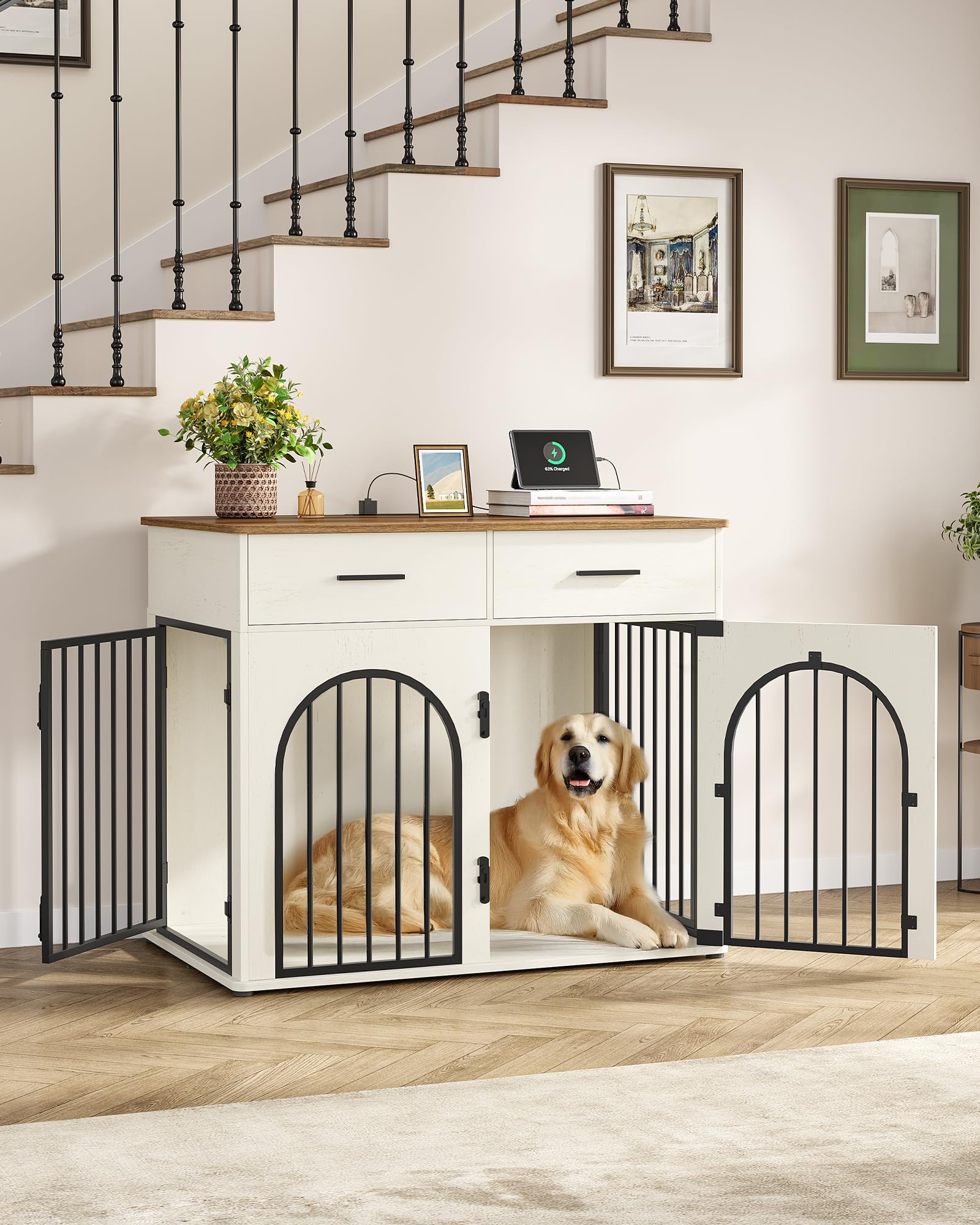 Hzuaneri 110 cm Cage pour Chien avec 2 Tiroirs de Rangement, Meuble Cage pour Chien d'intérieur avec Station de Charge, Heavy Caisse en Bois pour Chiens de Taille Grande, Blanc et Marron DFC88214BEU